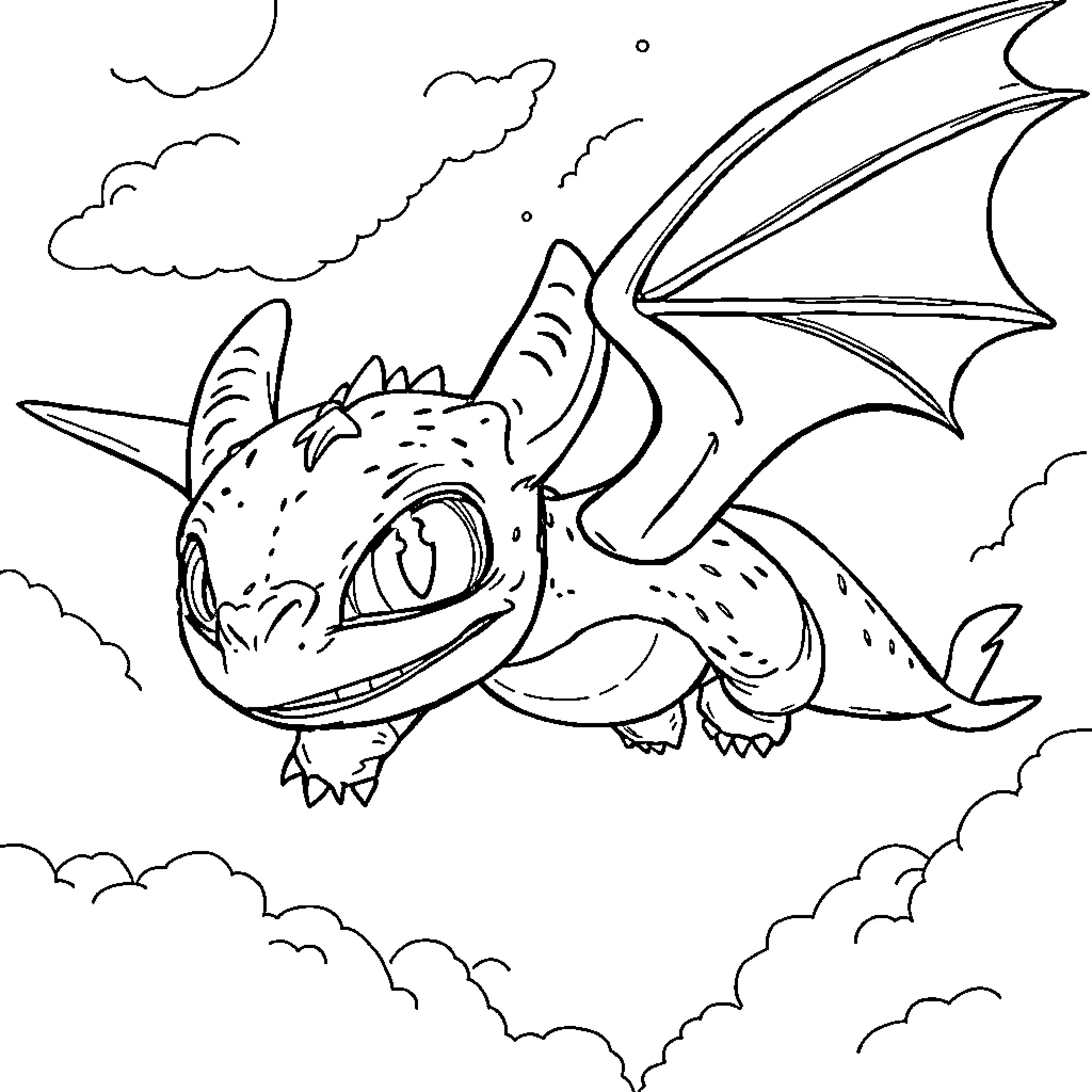 Toothless dragon soaring through the clouds Coloring Page (free black-and-white line drawing printable PDF for all, from beginners to advanced learners, including children, teens, adults, and seniors)