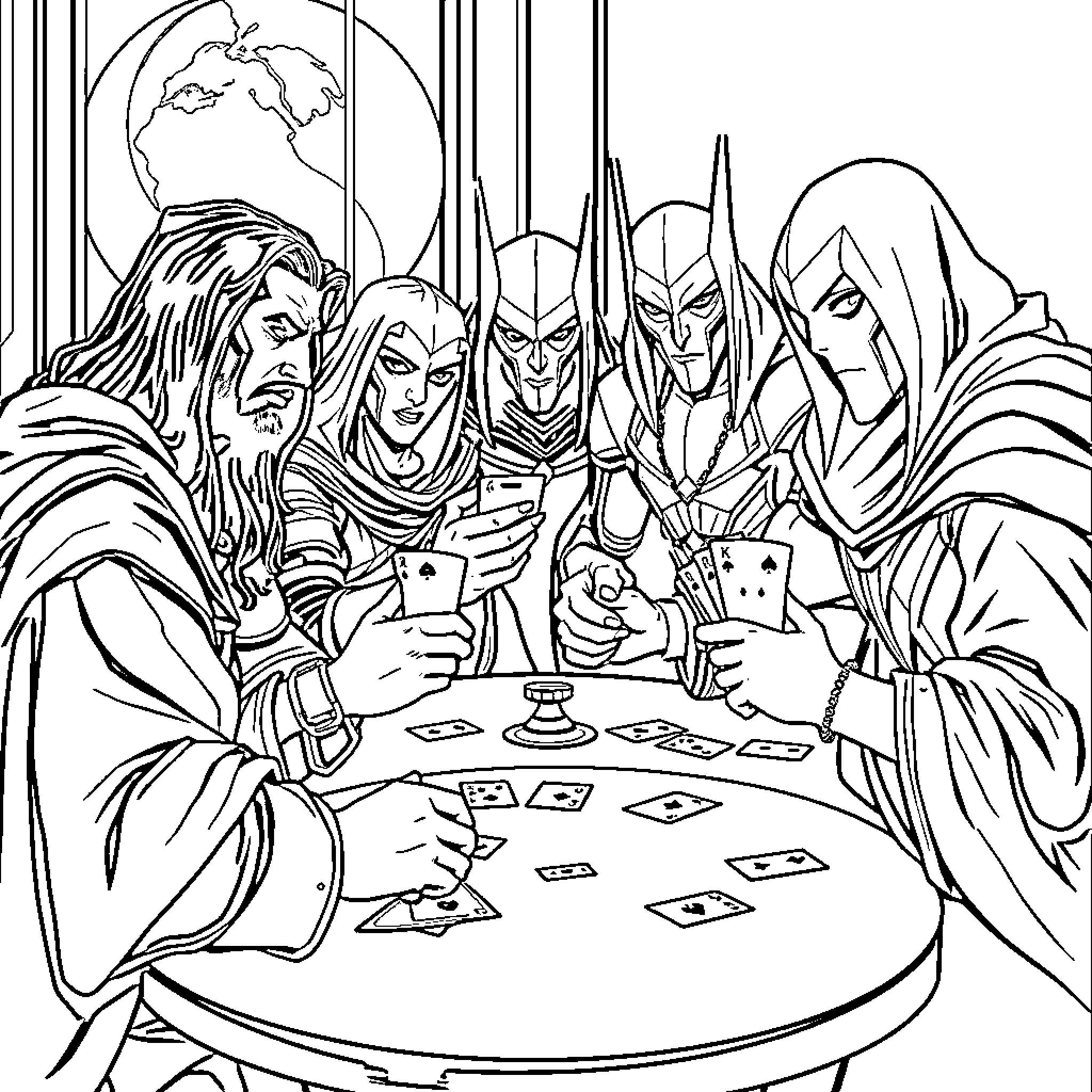 Justice League Members Playing Cards Together Coloring Page (free black-and-white line drawing printable PDF for all, from beginners to advanced learners, including children, teens, adults, and seniors)