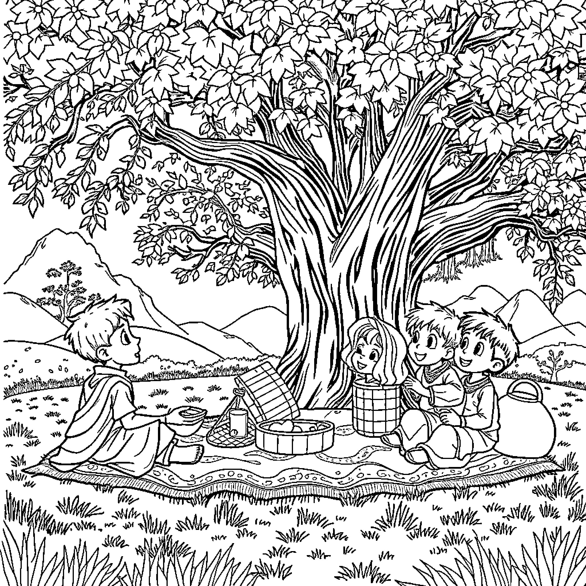 Zurg's Picnic Adventure under a Blooming Tree Coloring Page (free black-and-white line drawing printable PDF for all, from beginners to advanced learners, including children, teens, adults, and seniors)