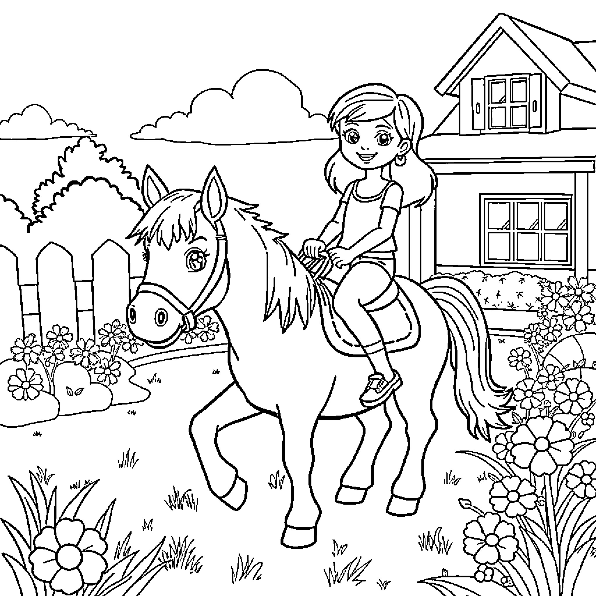 Pony and girl enjoy outdoor adventure Coloring Page (free black-and-white line drawing printable PDF for all, from beginners to advanced learners, including children, teens, adults, and seniors)