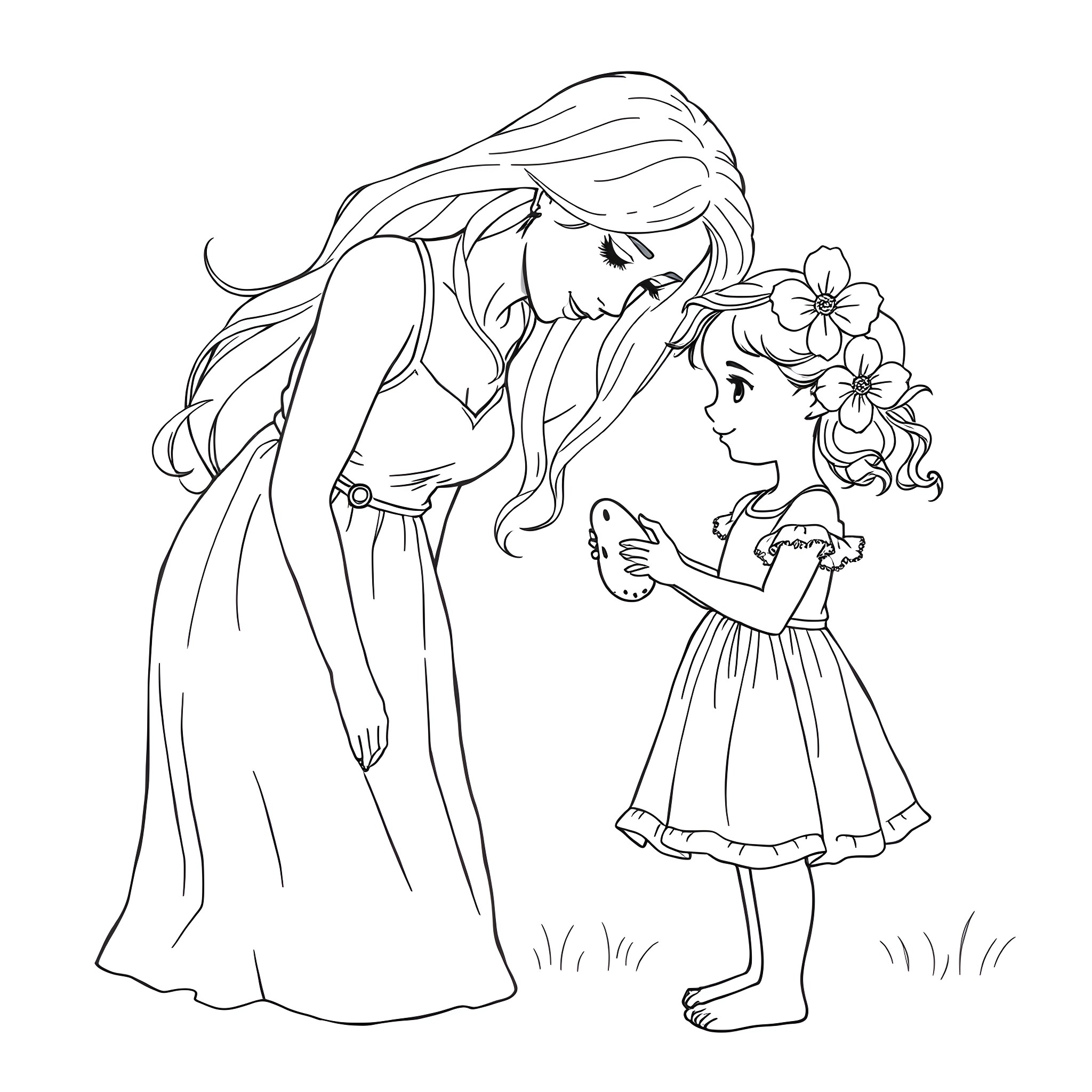 Mom and daughter sharing flowers in the garden Coloring Page (free black-and-white line drawing printable PDF for all, from beginners to advanced learners, including children, teens, adults, and seniors)
