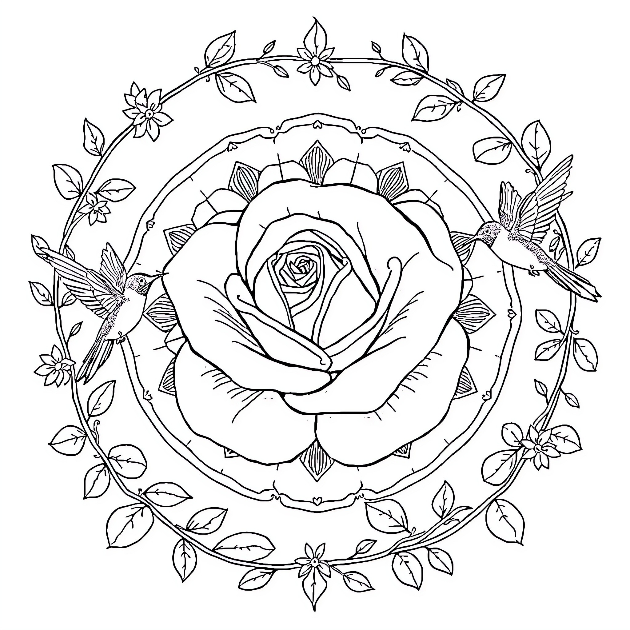 Rose with Floral Wreath and Hummingbirds Coloring Page (free black-and-white line drawing printable PDF for all, from beginners to advanced learners, including children, teens, adults, and seniors)