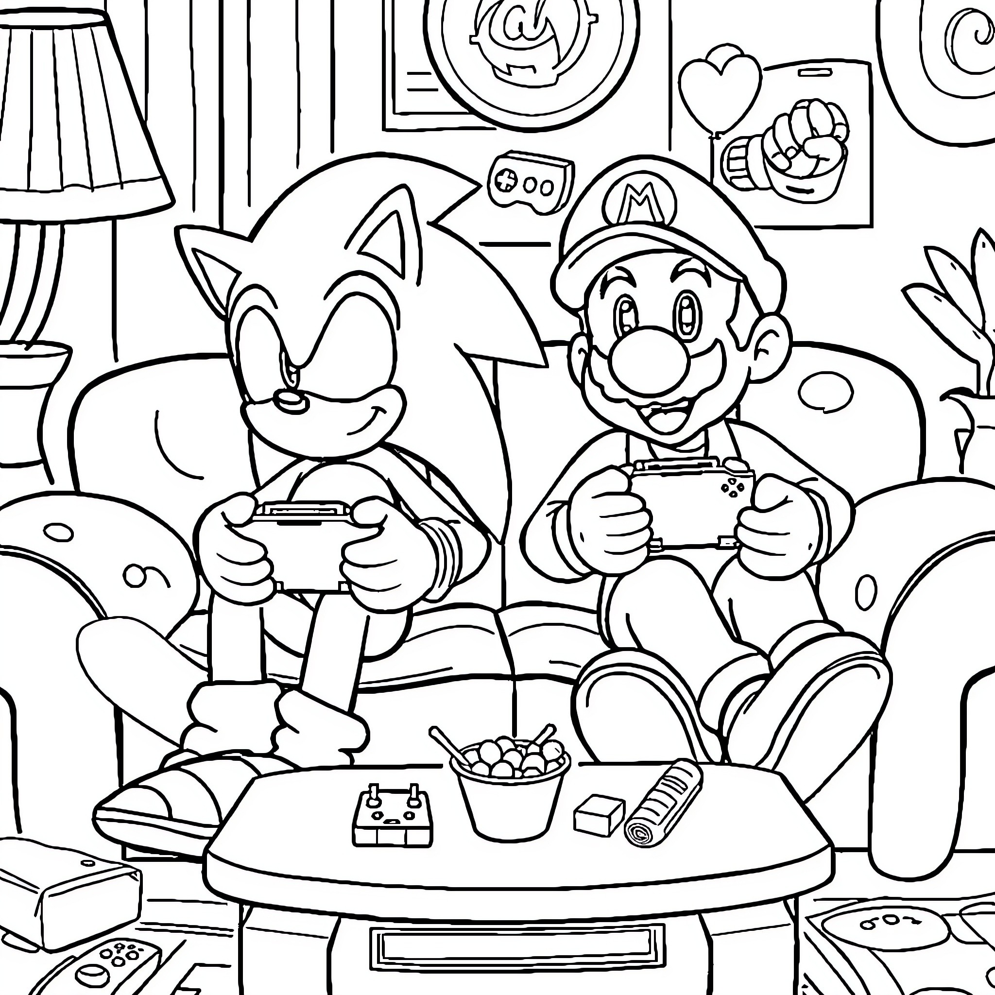 Sonic and Mario Playing Video Games Together Coloring Page (free black-and-white line drawing printable PDF for all, from beginners to advanced learners, including children, teens, adults, and seniors)