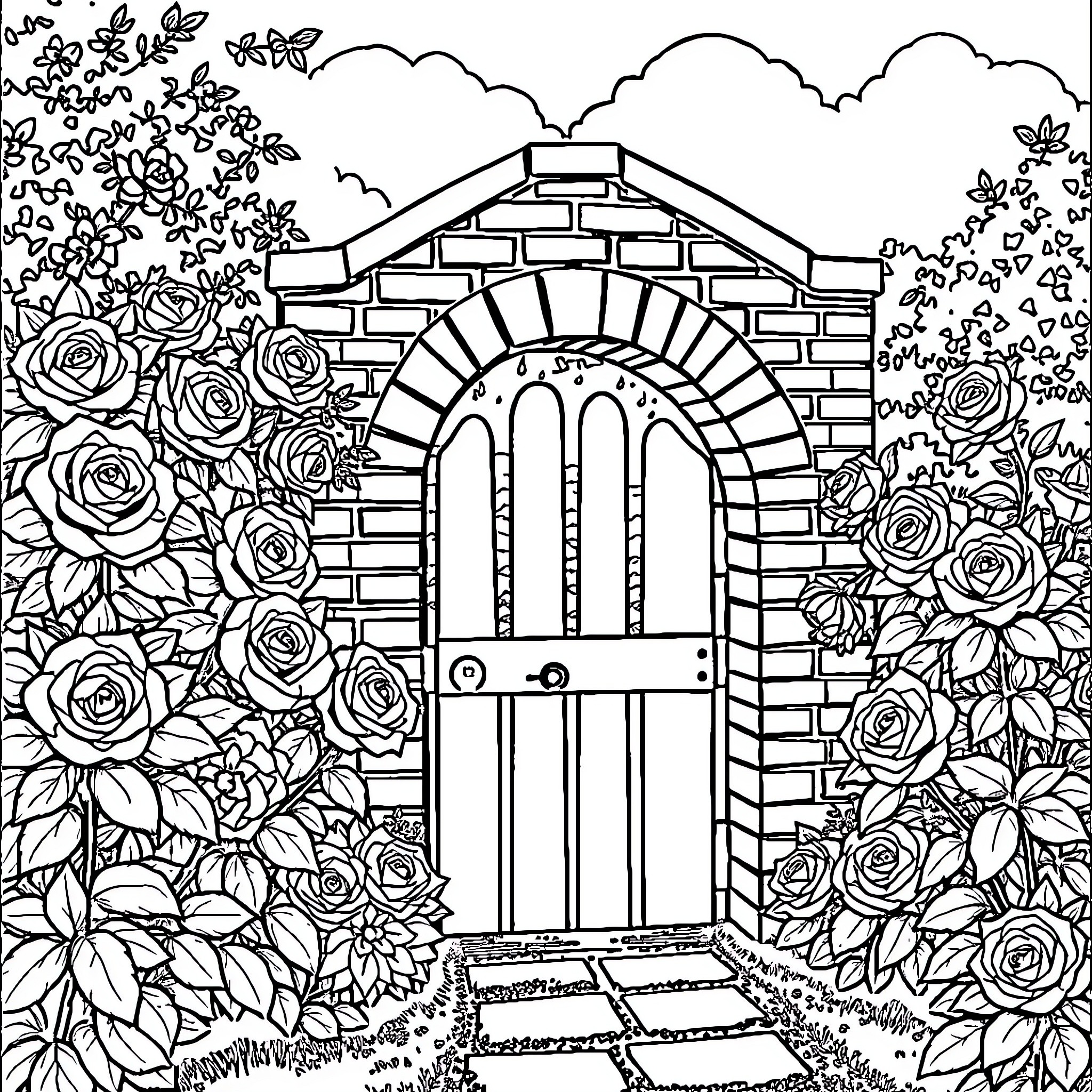 Garden Entrance Adorned with Blooming Roses Coloring Page (free black-and-white line drawing printable PDF for all, from beginners to advanced learners, including children, teens, adults, and seniors)