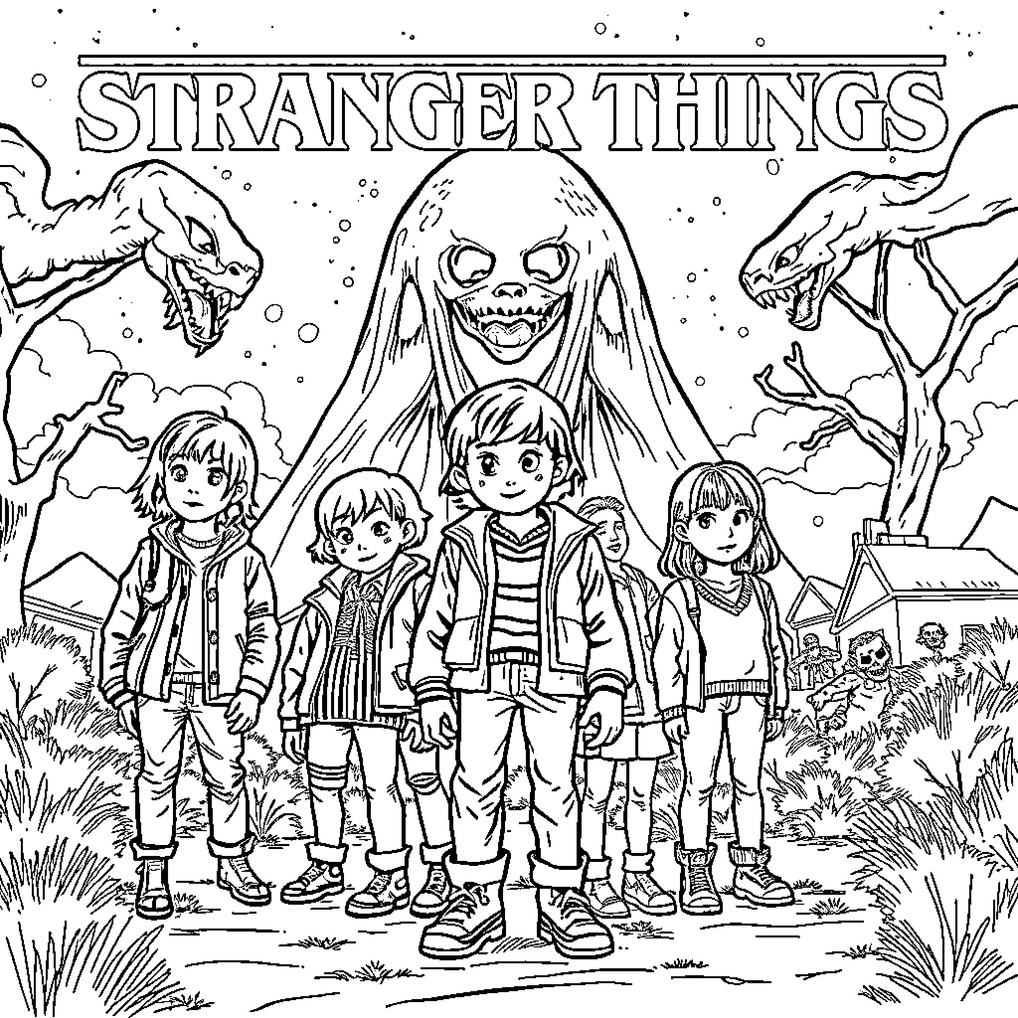 Stranger Things group exploring the supernatural Coloring Page (free black-and-white line drawing printable PDF for all, from beginners to advanced learners, including children, teens, adults, and seniors)