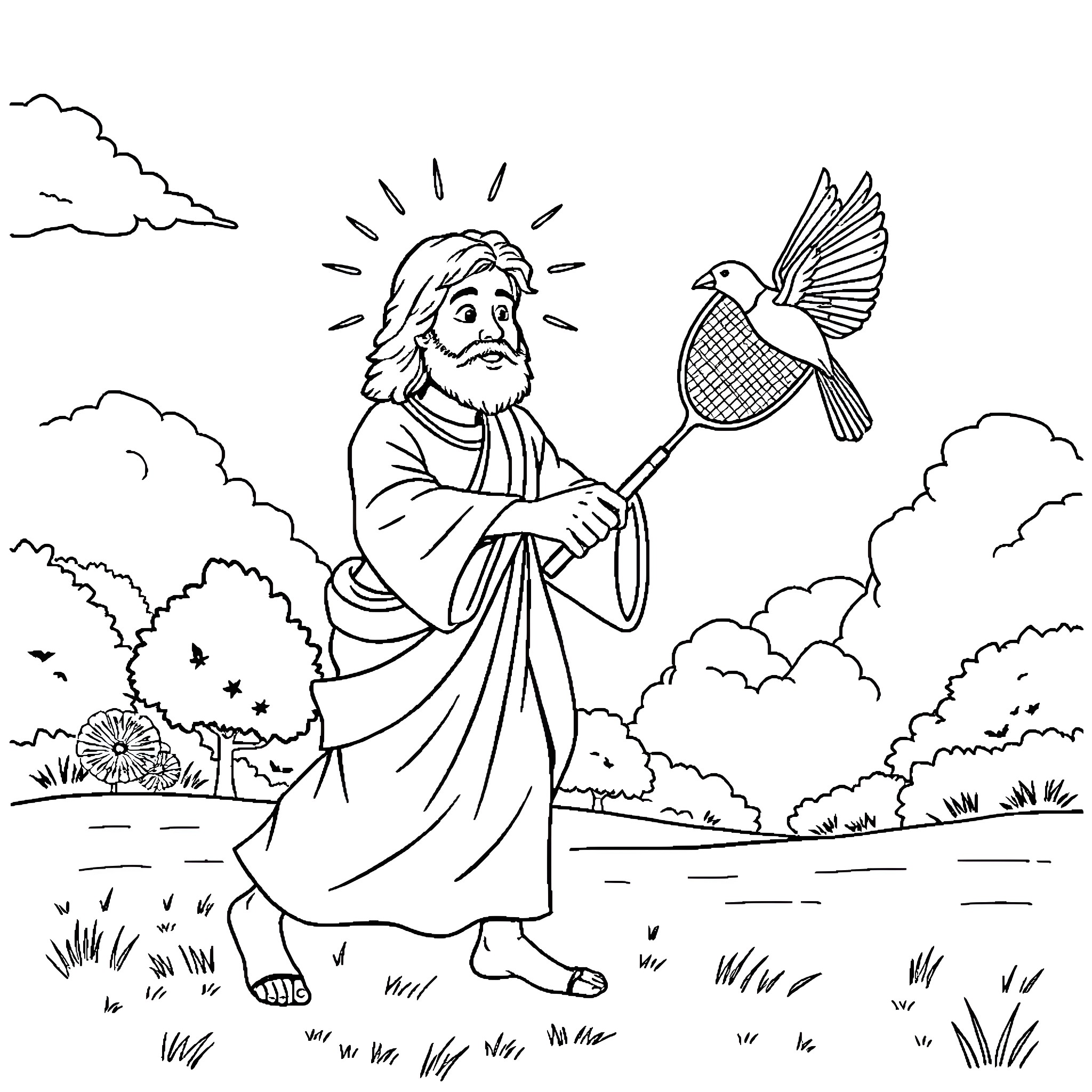 Jesus interacting with bird in serene landscape Coloring Page (free black-and-white line drawing printable PDF for all, from beginners to advanced learners, including children, teens, adults, and seniors)