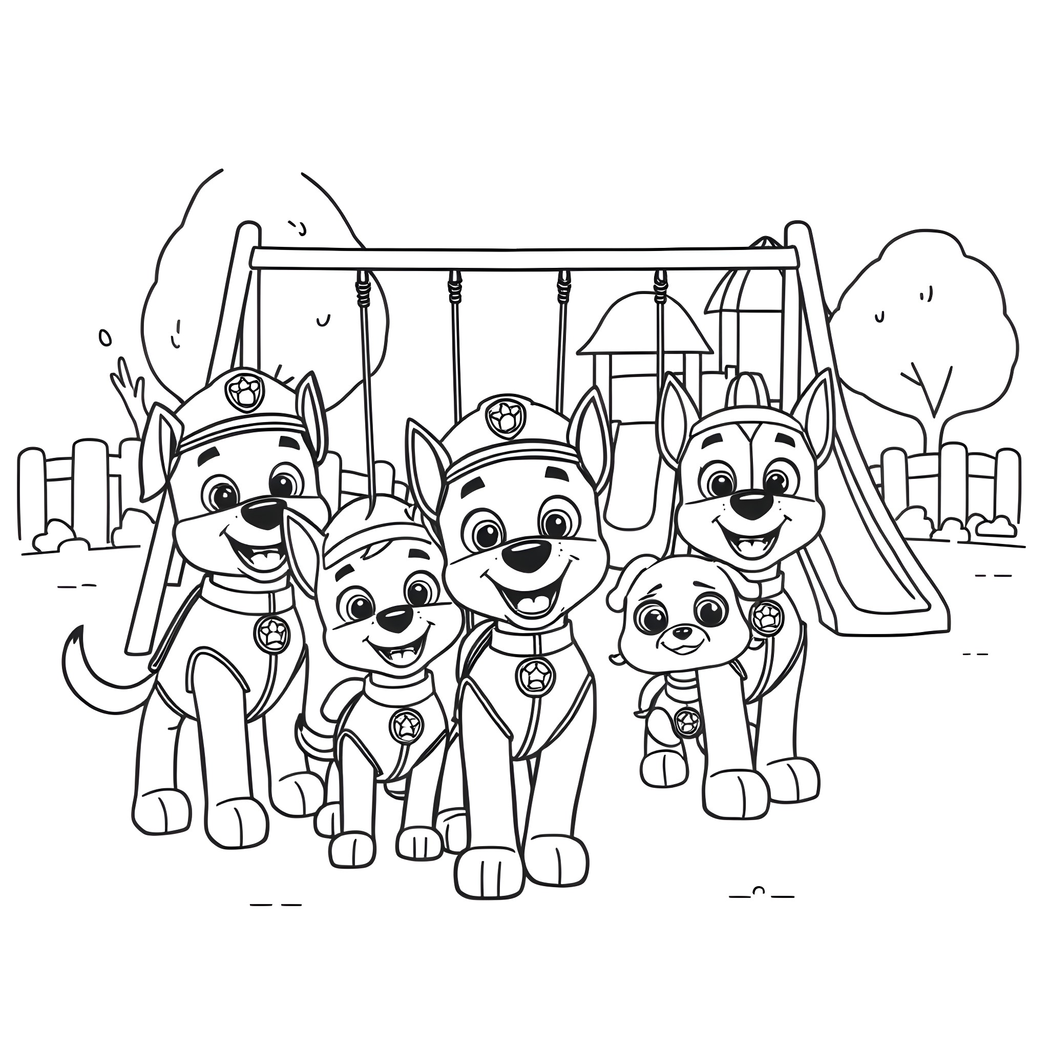 Paw Patrol characters at the playground Coloring Page (free black-and-white line drawing printable PDF for all, from beginners to advanced learners, including children, teens, adults, and seniors)