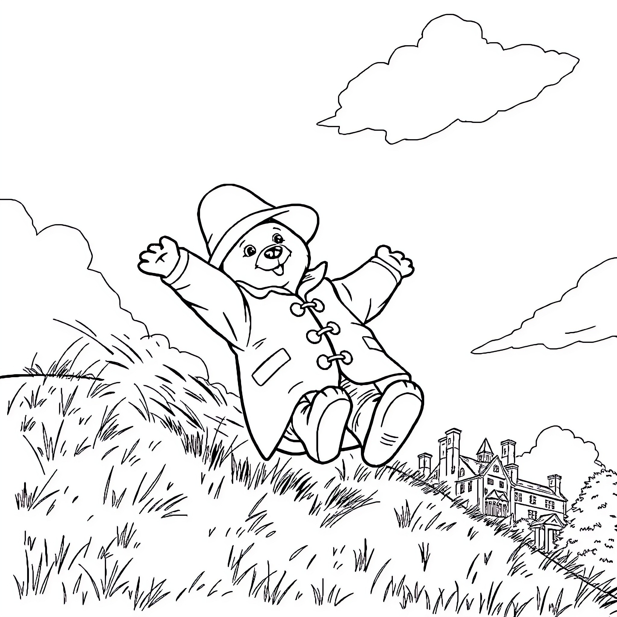 Paddington enjoying nature's wonders in the countryside Coloring Page (free black-and-white line drawing printable PDF for all, from beginners to advanced learners, including children, teens, adults, and seniors)