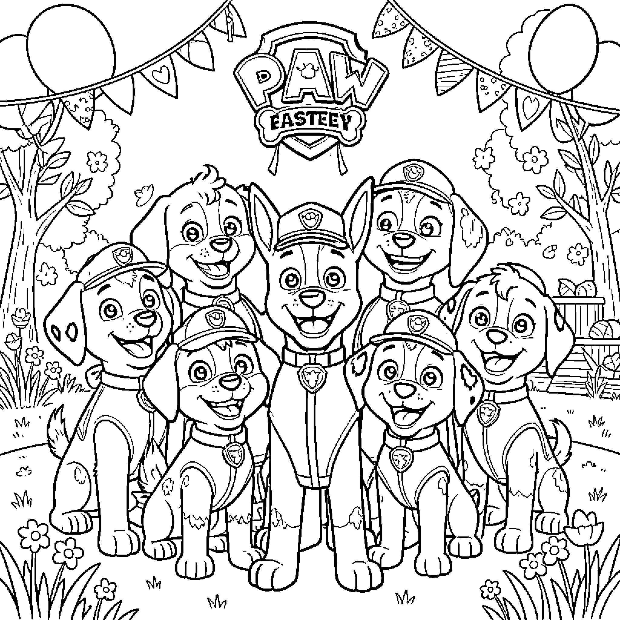Paw Patrol Easteey Celebration with Puppies Coloring Page (free black-and-white line drawing printable PDF for all, from beginners to advanced learners, including children, teens, adults, and seniors)