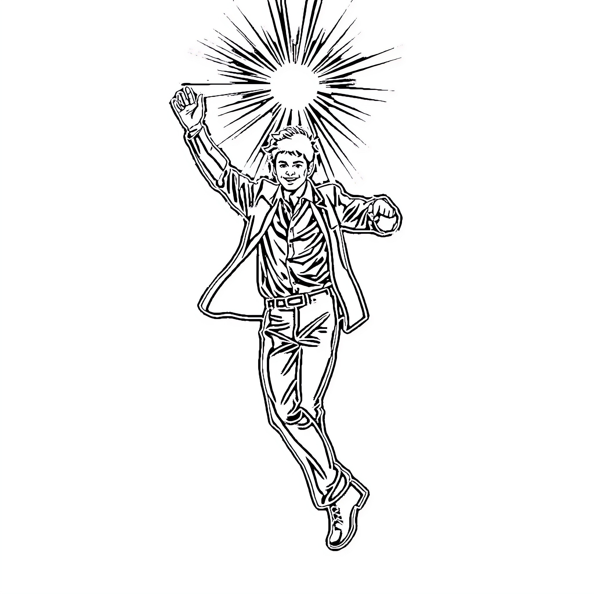 Man triumphantly raising arms with energy burst Coloring Page (free black-and-white line drawing printable PDF for all, from beginners to advanced learners, including children, teens, adults, and seniors)