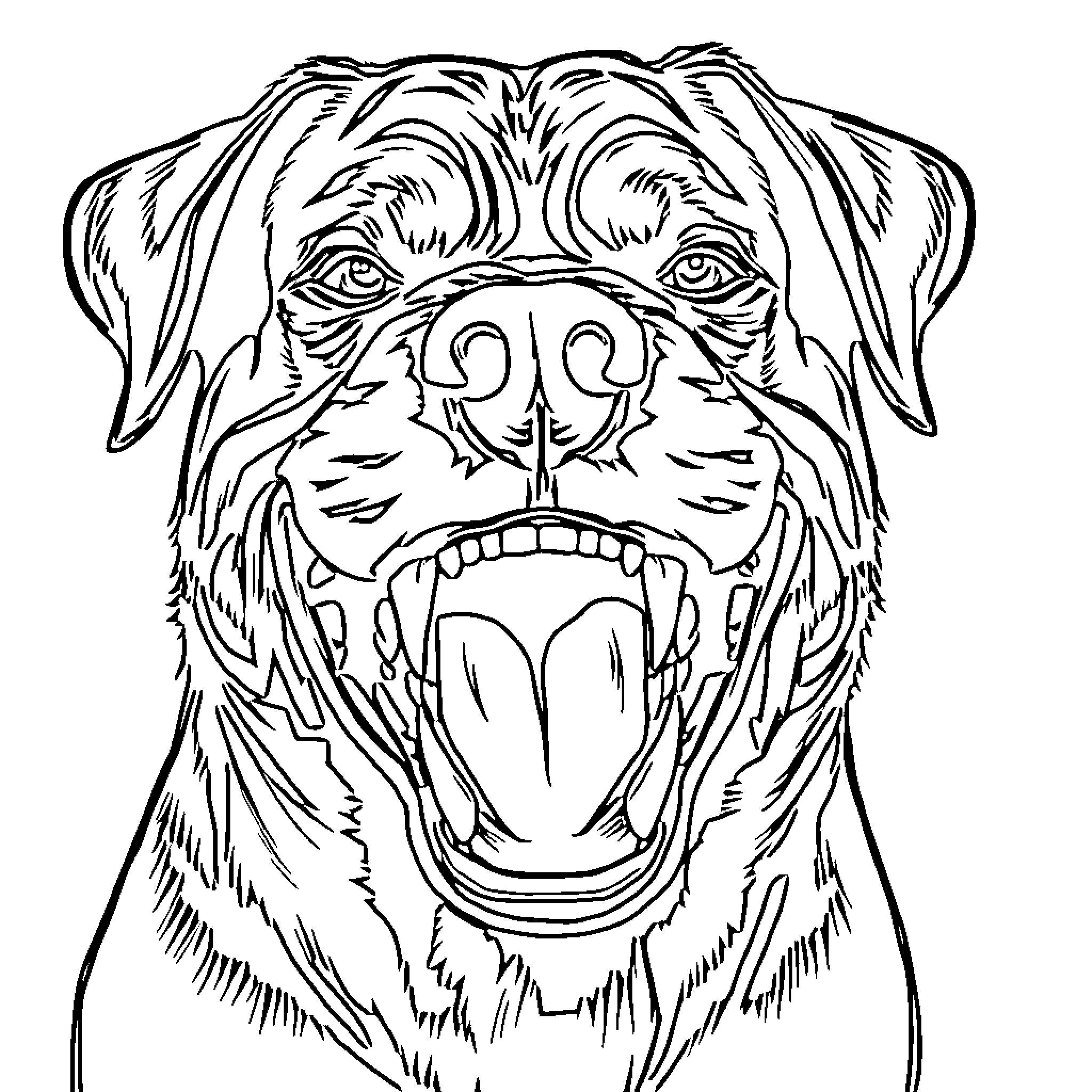 Rottweiler expressing excitement Coloring Page (free black-and-white line drawing printable PDF for all, from beginners to advanced learners, including children, teens, adults, and seniors)