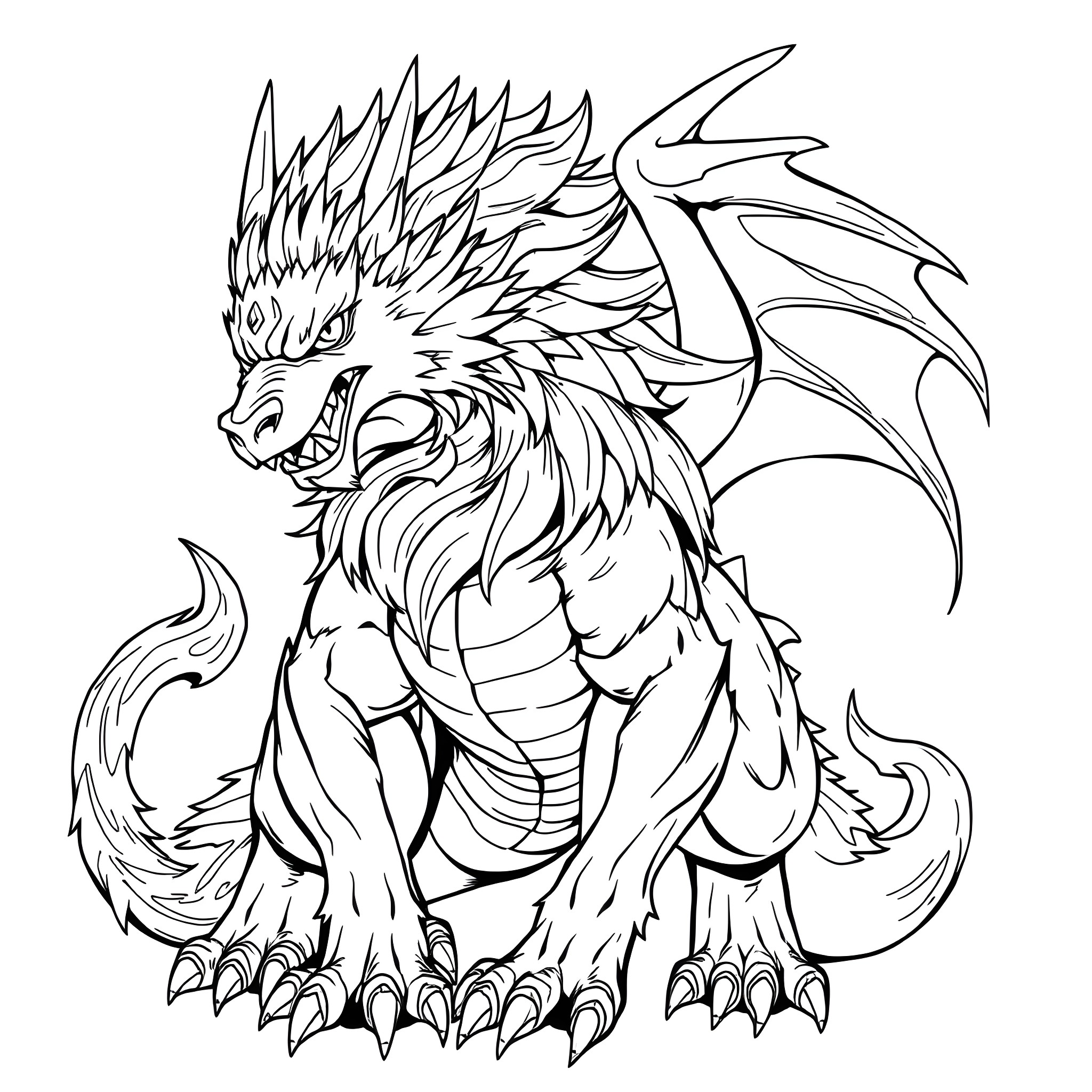 Dragon Fiercely Roaring with Powerful Claws Coloring Page (free black-and-white line drawing printable PDF for all, from beginners to advanced learners, including children, teens, adults, and seniors)