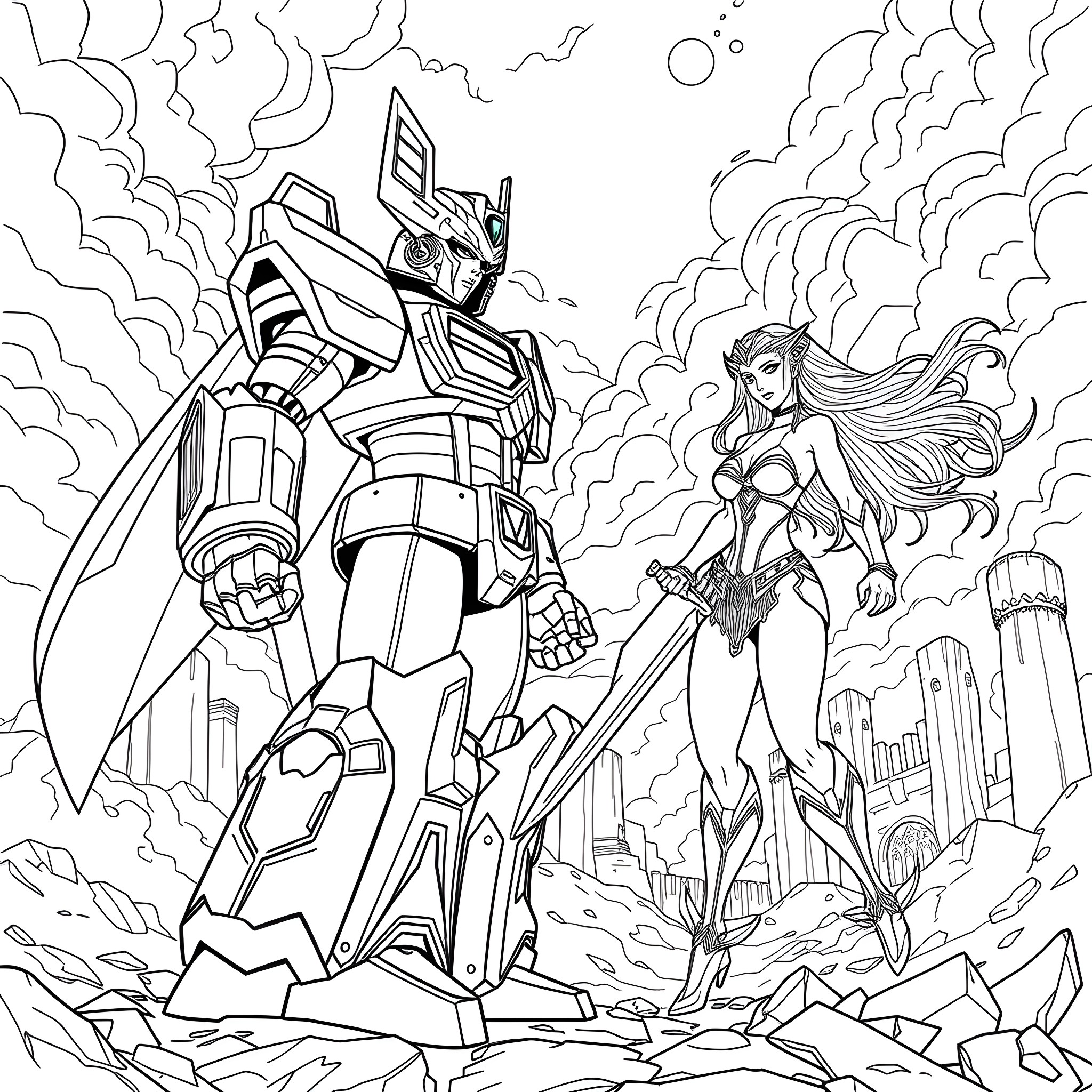 Megazord Confrontation with Powerful Heroine Coloring Page (free black-and-white line drawing printable PDF for all, from beginners to advanced learners, including children, teens, adults, and seniors)