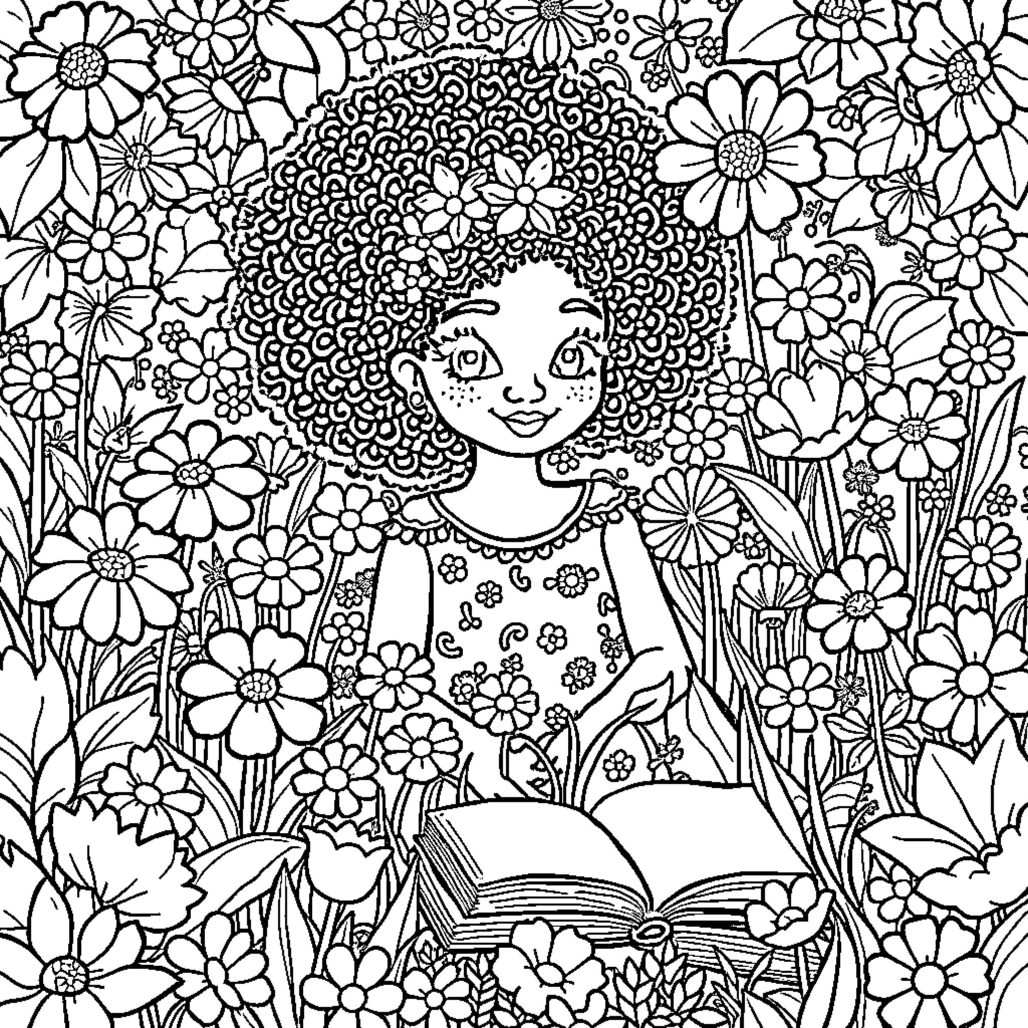Book about a girl in a flower field Coloring Page (free black-and-white line drawing printable PDF for all, from beginners to advanced learners, including children, teens, adults, and seniors)