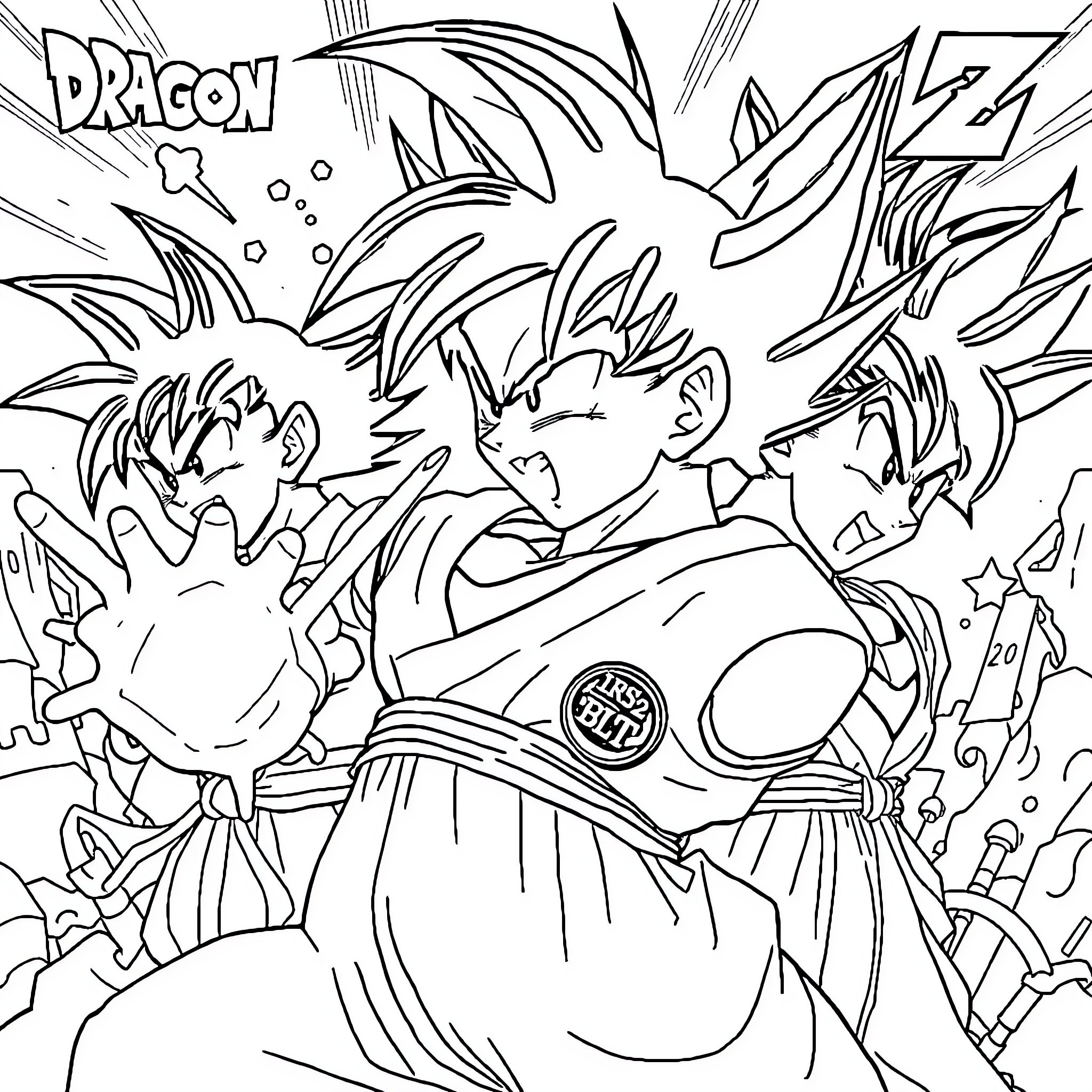 Dragon Ball Z: Intense Battle of Super Saiyans Coloring Page (free black-and-white line drawing printable PDF for all, from beginners to advanced learners, including children, teens, adults, and seniors)