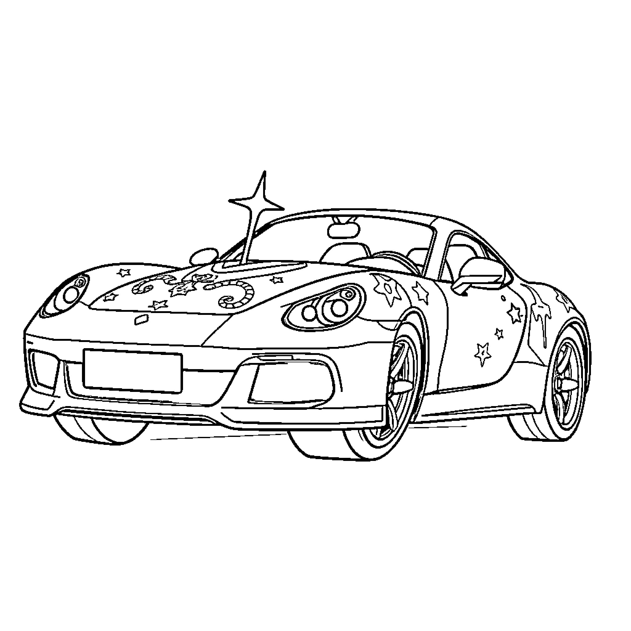 Unicorn Car with Whimsical Designs Coloring Page (free black-and-white line drawing printable PDF for all, from beginners to advanced learners, including children, teens, adults, and seniors)