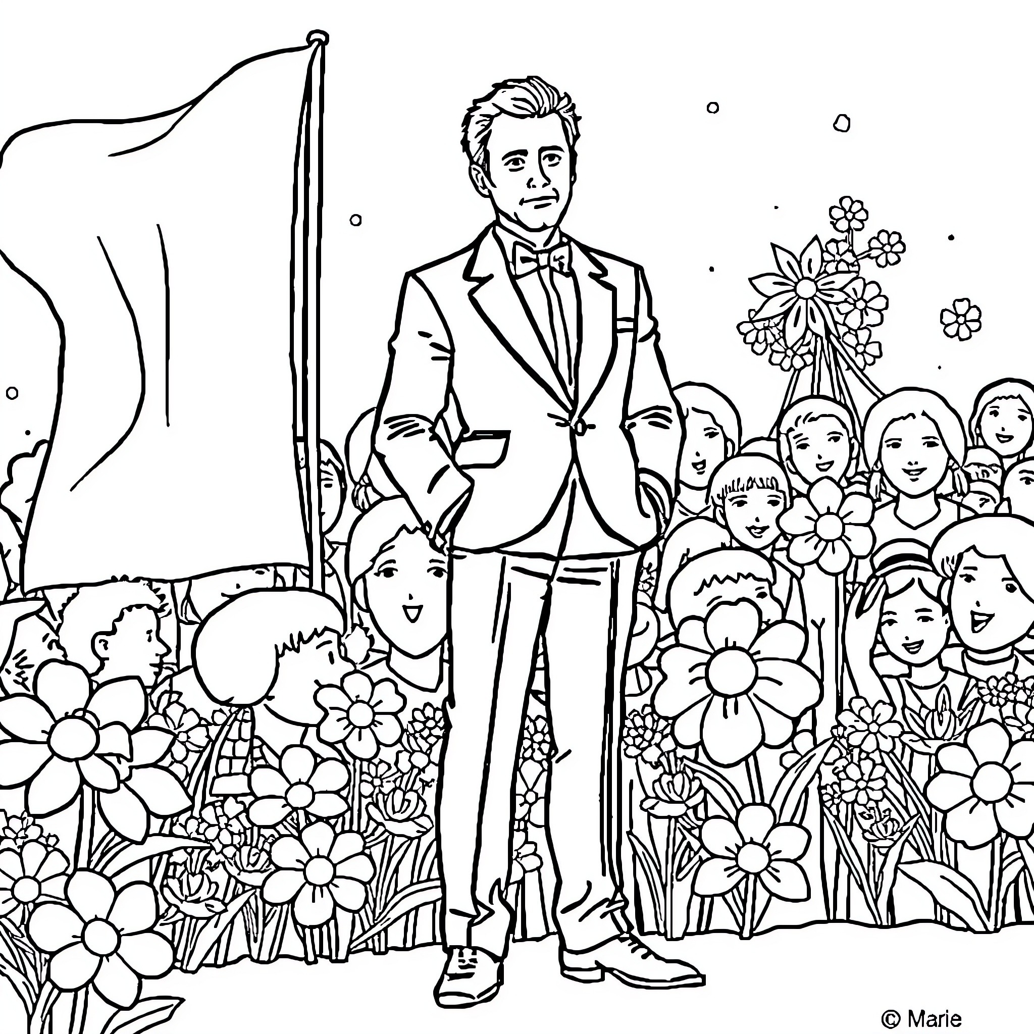 Macron Surrounded by Flowers and Supporters Coloring Page (free black-and-white line drawing printable PDF for all, from beginners to advanced learners, including children, teens, adults, and seniors)