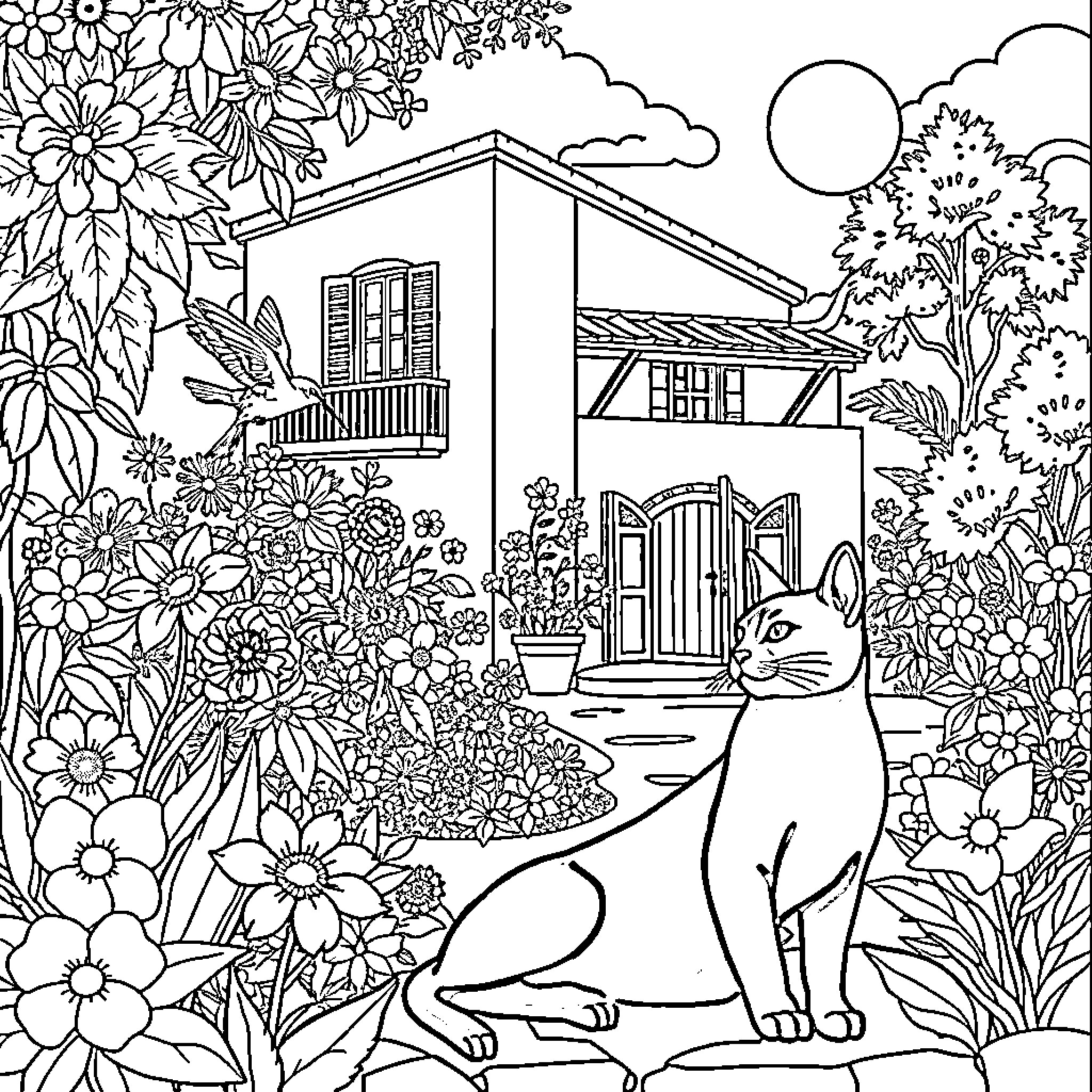House with Vibrant Floral Garden and Feline Companion Coloring Page (free black-and-white line drawing printable PDF for all, from beginners to advanced learners, including children, teens, adults, and seniors)