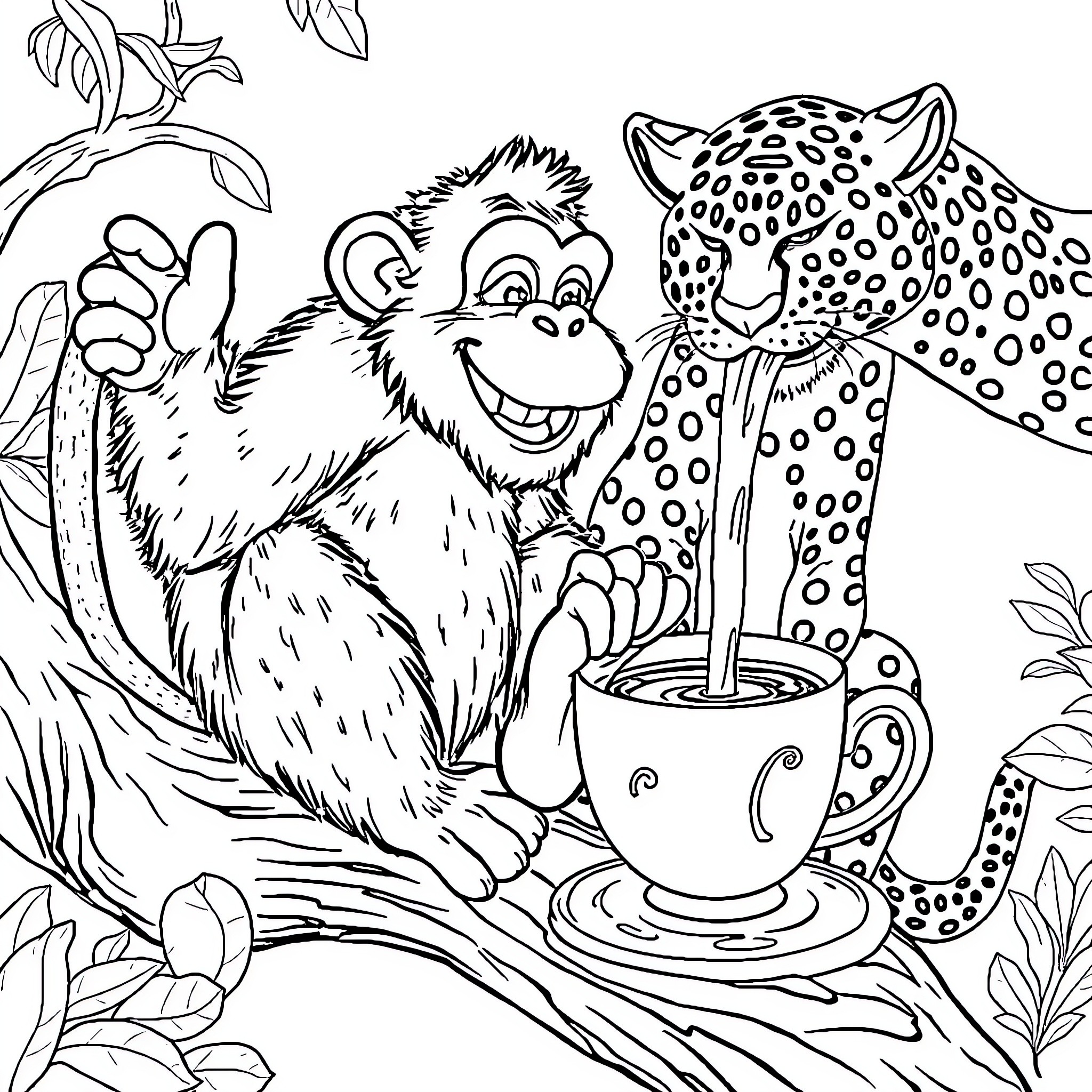 Monkey Enjoys a Hot Beverage in the Jungle Coloring Page (free black-and-white line drawing printable PDF for all, from beginners to advanced learners, including children, teens, adults, and seniors)
