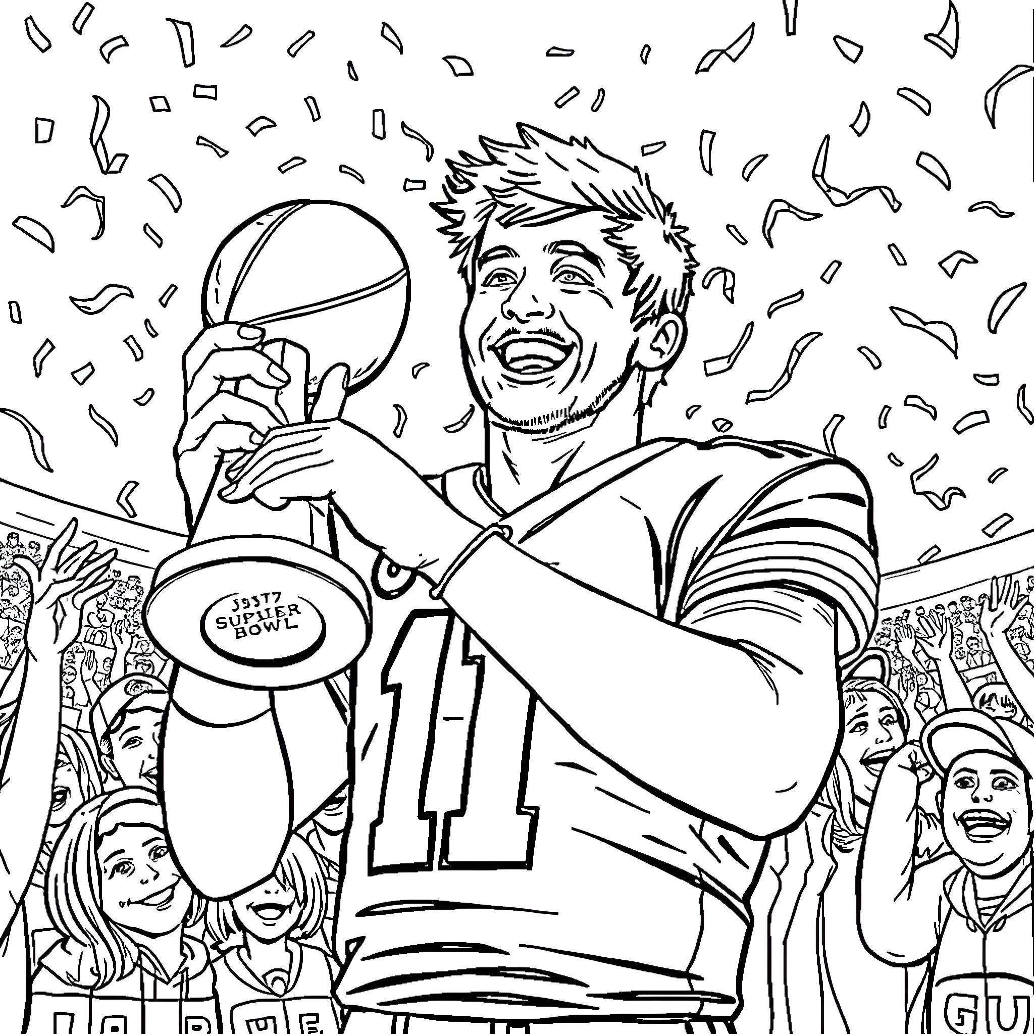 Justin Herbert Celebrating Victorious Touchdown Coloring Page (free black-and-white line drawing printable PDF for all, from beginners to advanced learners, including children, teens, adults, and seniors)