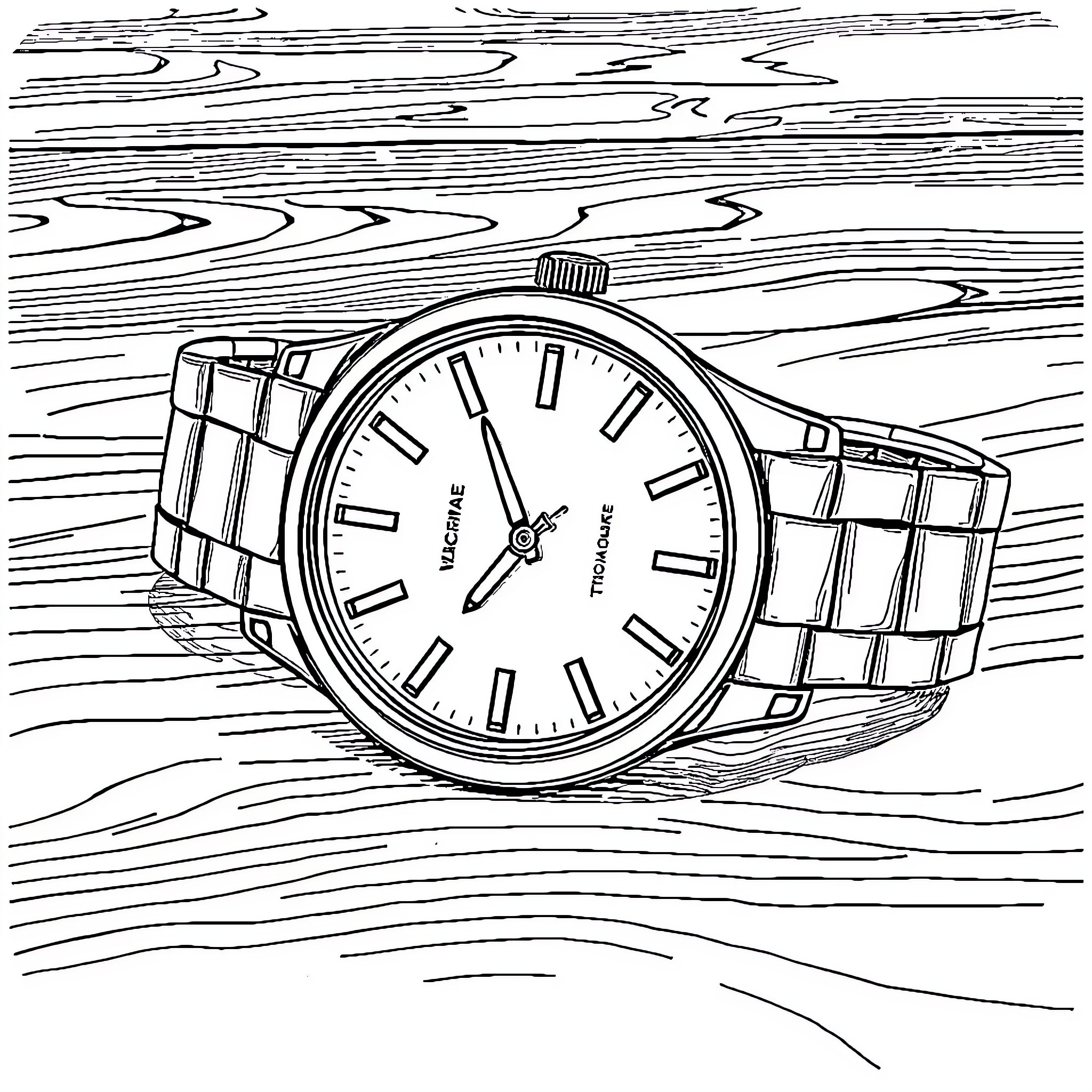Watch on Wooden Surface Coloring Page (free black-and-white line drawing printable PDF for all, from beginners to advanced learners, including children, teens, adults, and seniors)