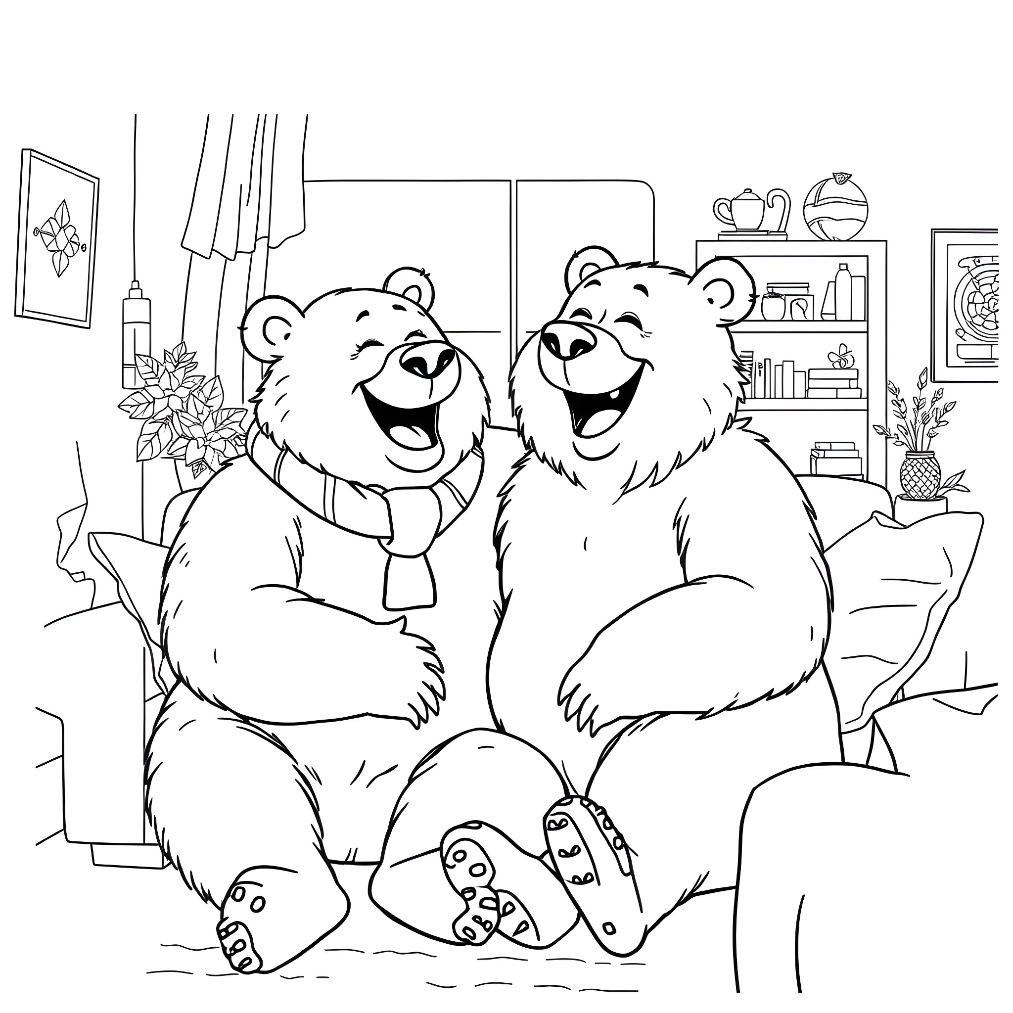 Bear friends laughing and enjoying cozy home Coloring Page (free black-and-white line drawing printable PDF for all, from beginners to advanced learners, including children, teens, adults, and seniors)