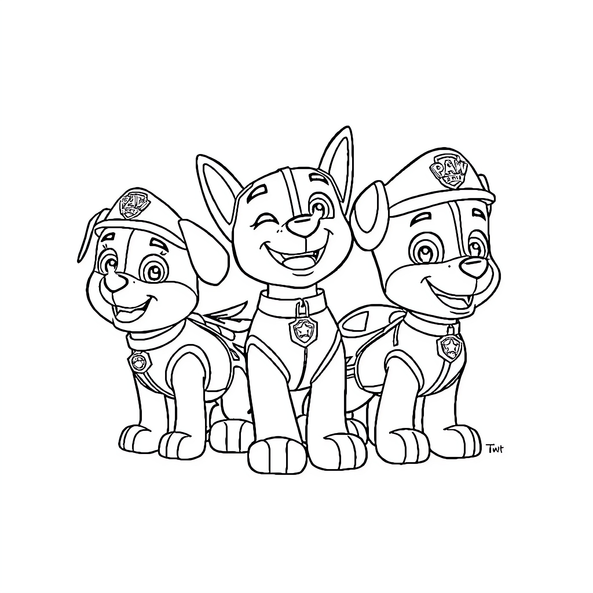 Paw Patrol Puppy Trio Smiling and Posing Coloring Page (free black-and-white line drawing printable PDF for all, from beginners to advanced learners, including children, teens, adults, and seniors)