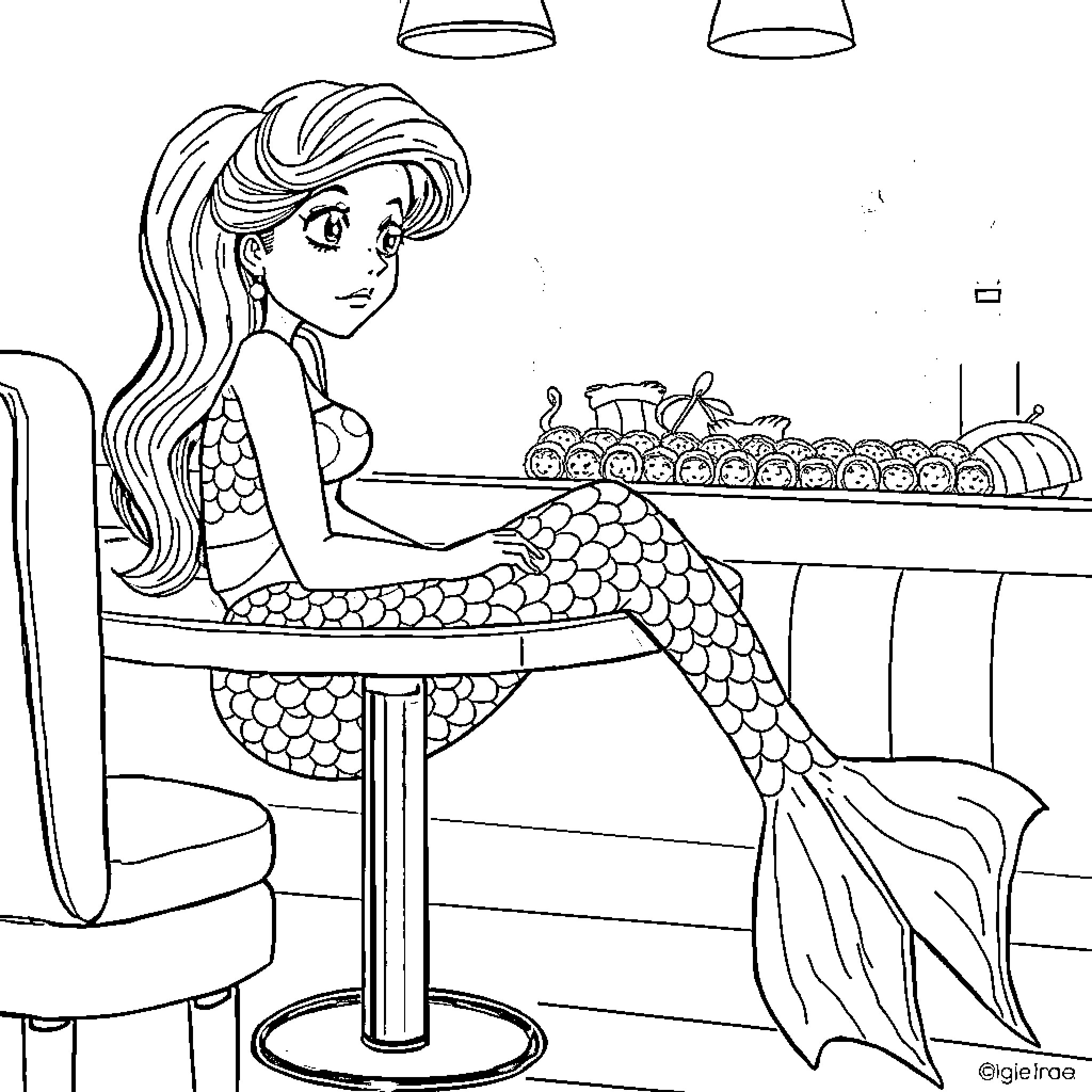 Mermaid dining elegantly at a table Coloring Page (free black-and-white line drawing printable PDF for all, from beginners to advanced learners, including children, teens, adults, and seniors)