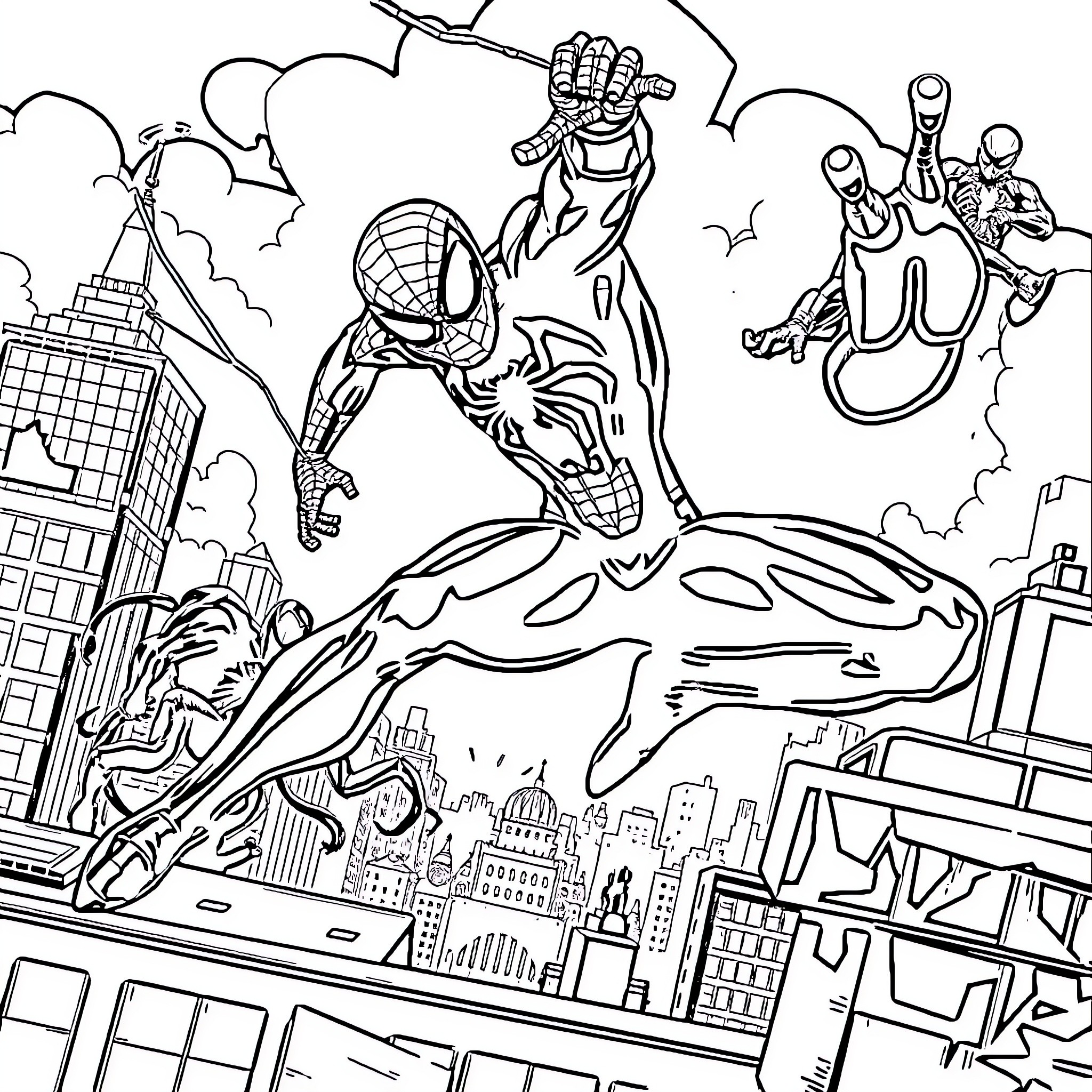 Spiderman swinging through the city with villains Coloring Page (free black-and-white line drawing printable PDF for all, from beginners to advanced learners, including children, teens, adults, and seniors)