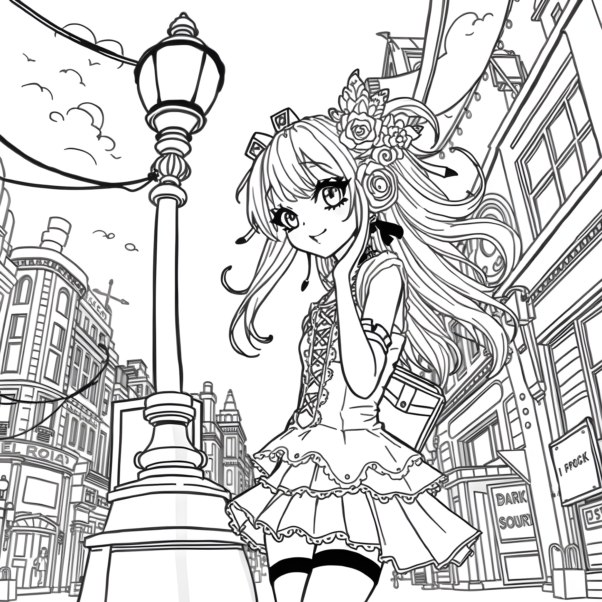 Anime Girl in a Whimsical City Scene Coloring Page (free black-and-white line drawing printable PDF for all, from beginners to advanced learners, including children, teens, adults, and seniors)