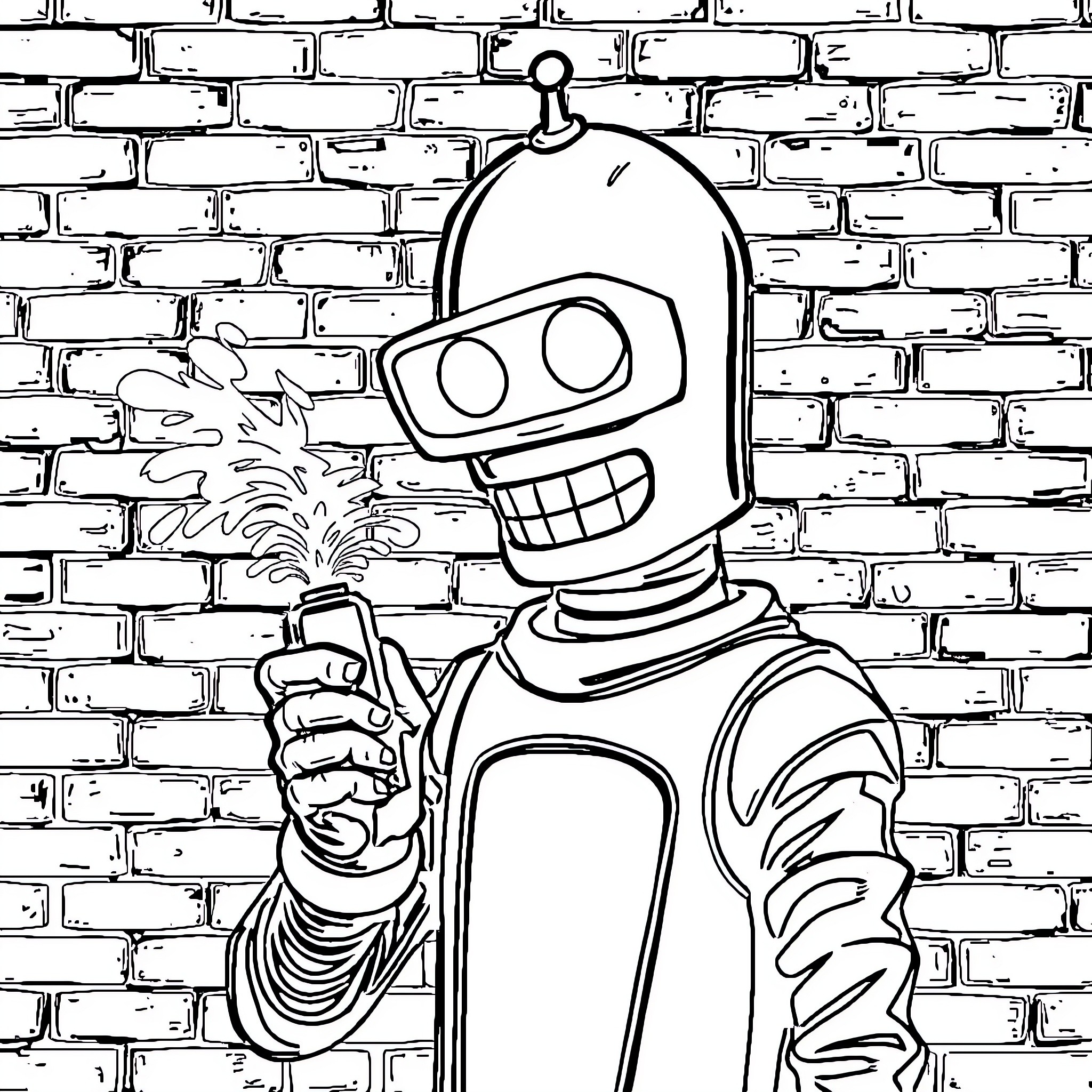Bender's Mischievous Antics on the Brick Wall Coloring Page (free black-and-white line drawing printable PDF for all, from beginners to advanced learners, including children, teens, adults, and seniors)