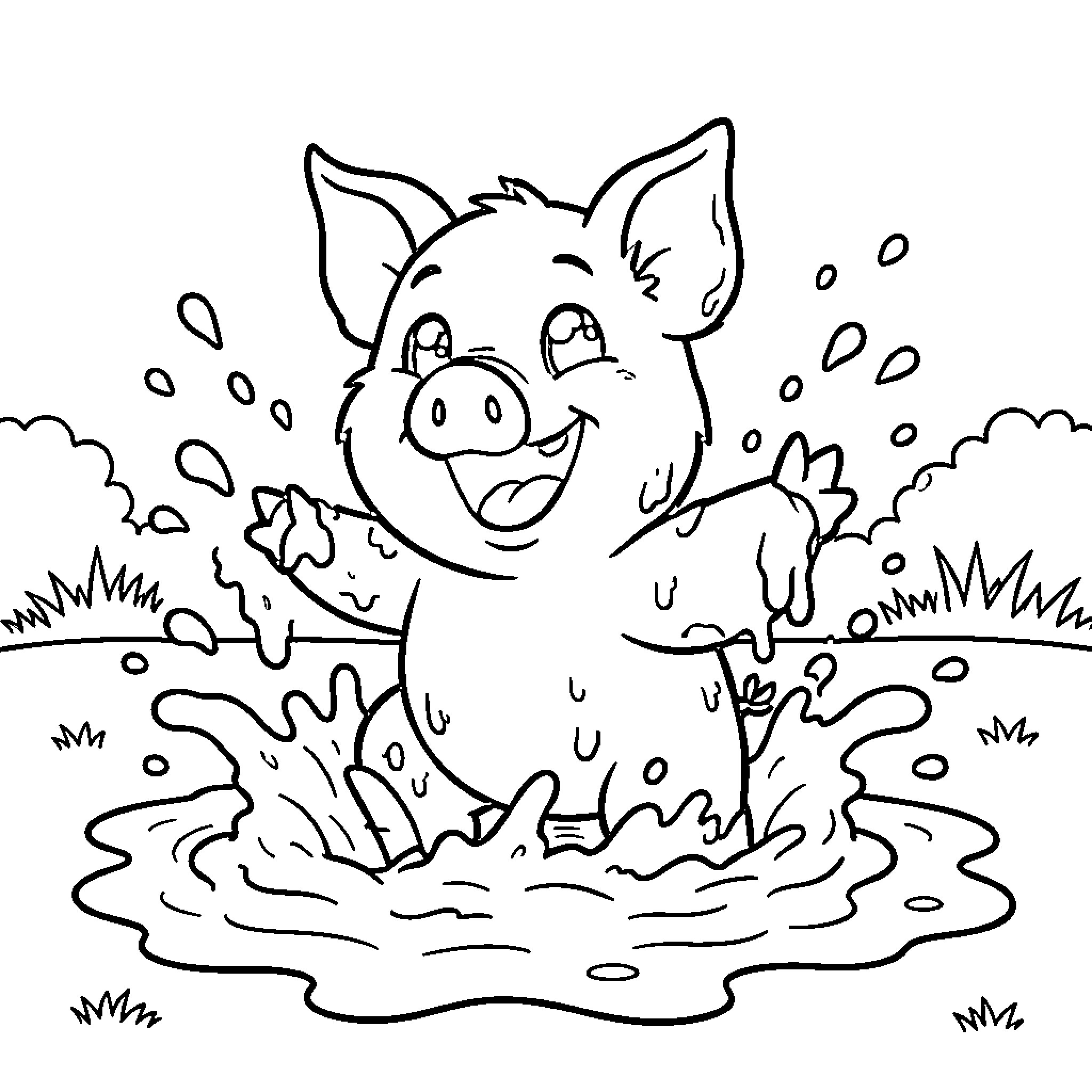 Pig enjoying a mud bath in the countryside Coloring Page (free black-and-white line drawing printable PDF for all, from beginners to advanced learners, including children, teens, adults, and seniors)
