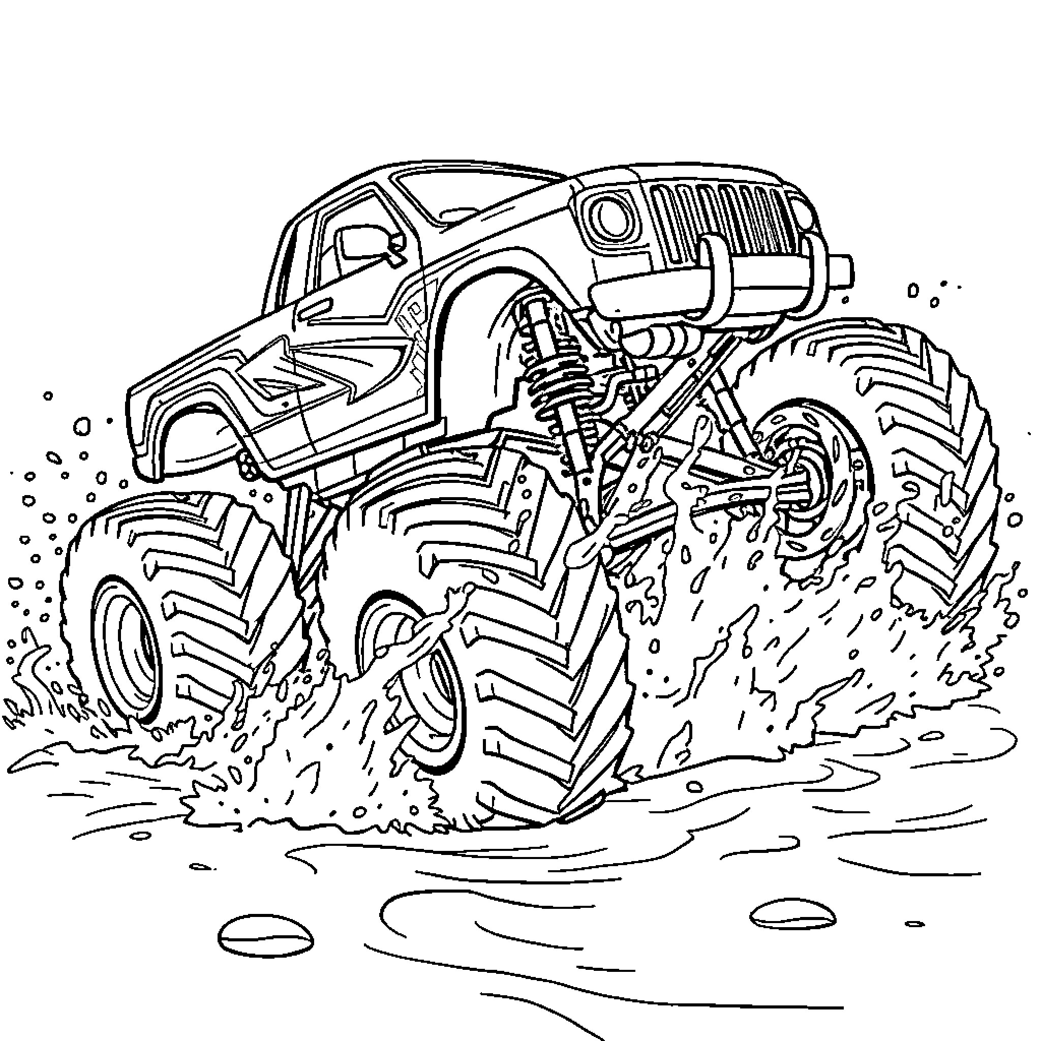 Monster Truck Crushing Obstacles on the Muddy Terrain Coloring Page (free black-and-white line drawing printable PDF for all, from beginners to advanced learners, including children, teens, adults, and seniors)