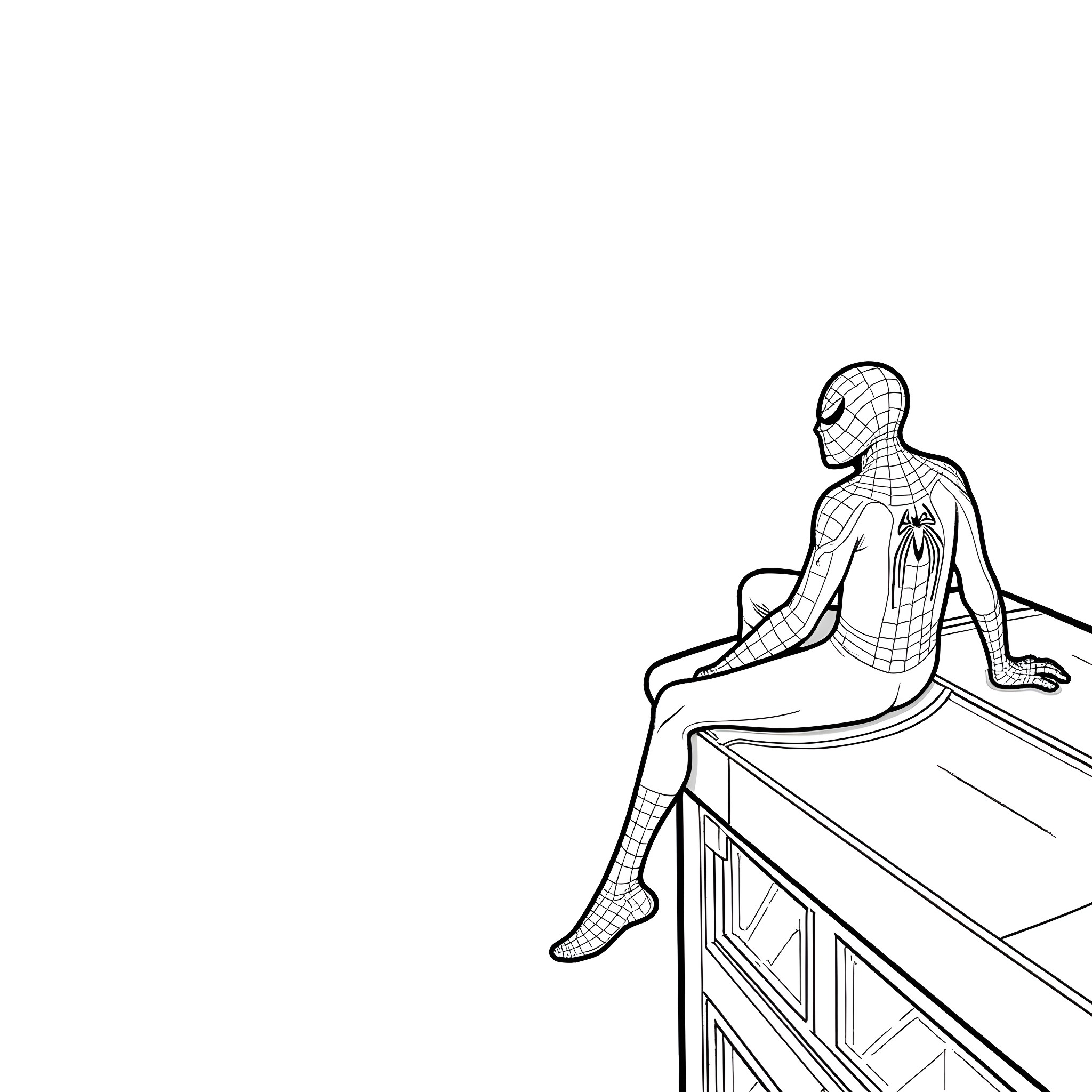 Spider-Man sitting on a building contemplating Coloring Page (free black-and-white line drawing printable PDF for all, from beginners to advanced learners, including children, teens, adults, and seniors)