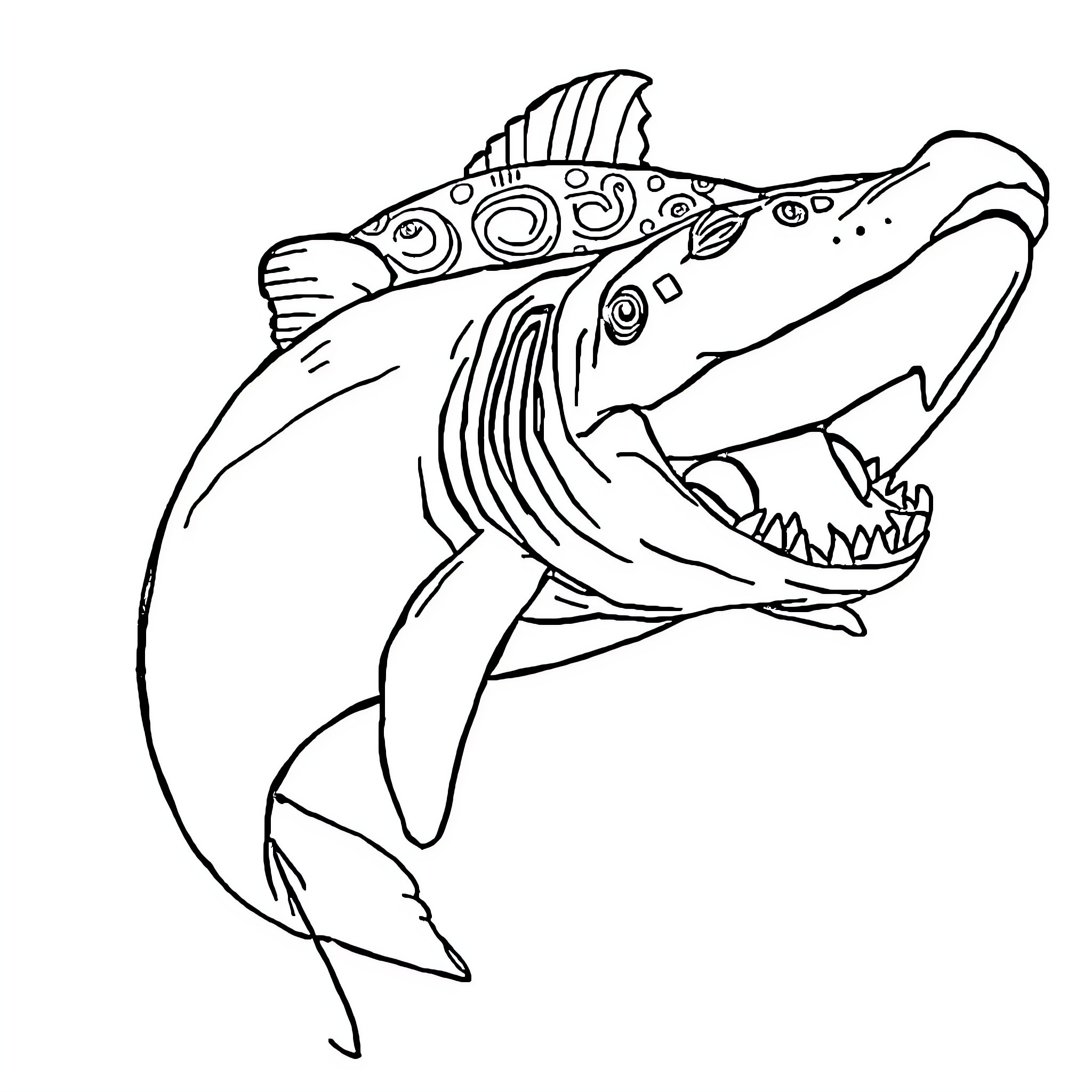 Chiva the Ferocious Fish Leaping into Action Coloring Page (free black-and-white line drawing printable PDF for all, from beginners to advanced learners, including children, teens, adults, and seniors)