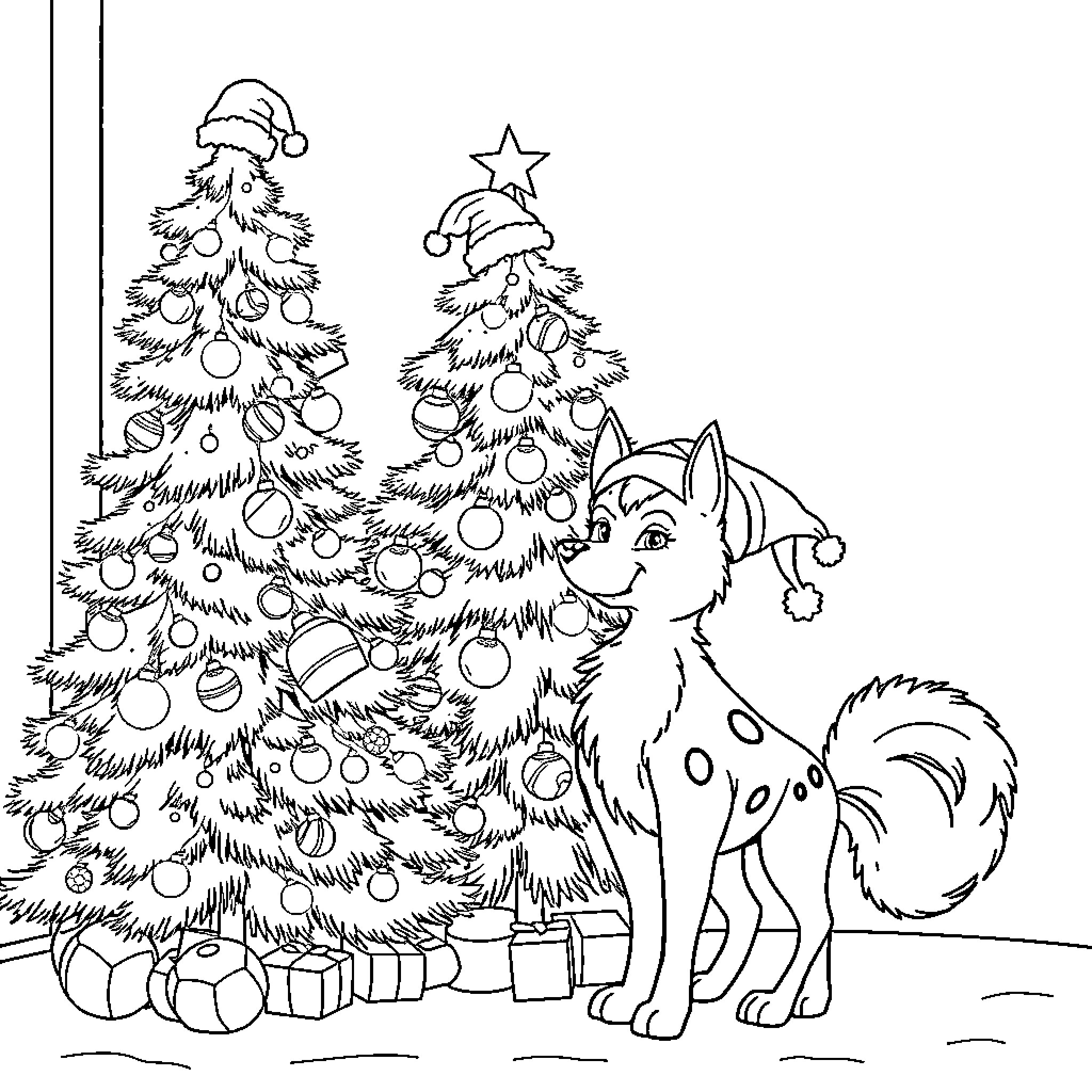 Huntrix's Festive Forest with Playful Pup Coloring Page (free black-and-white line drawing printable PDF for all, from beginners to advanced learners, including children, teens, adults, and seniors)