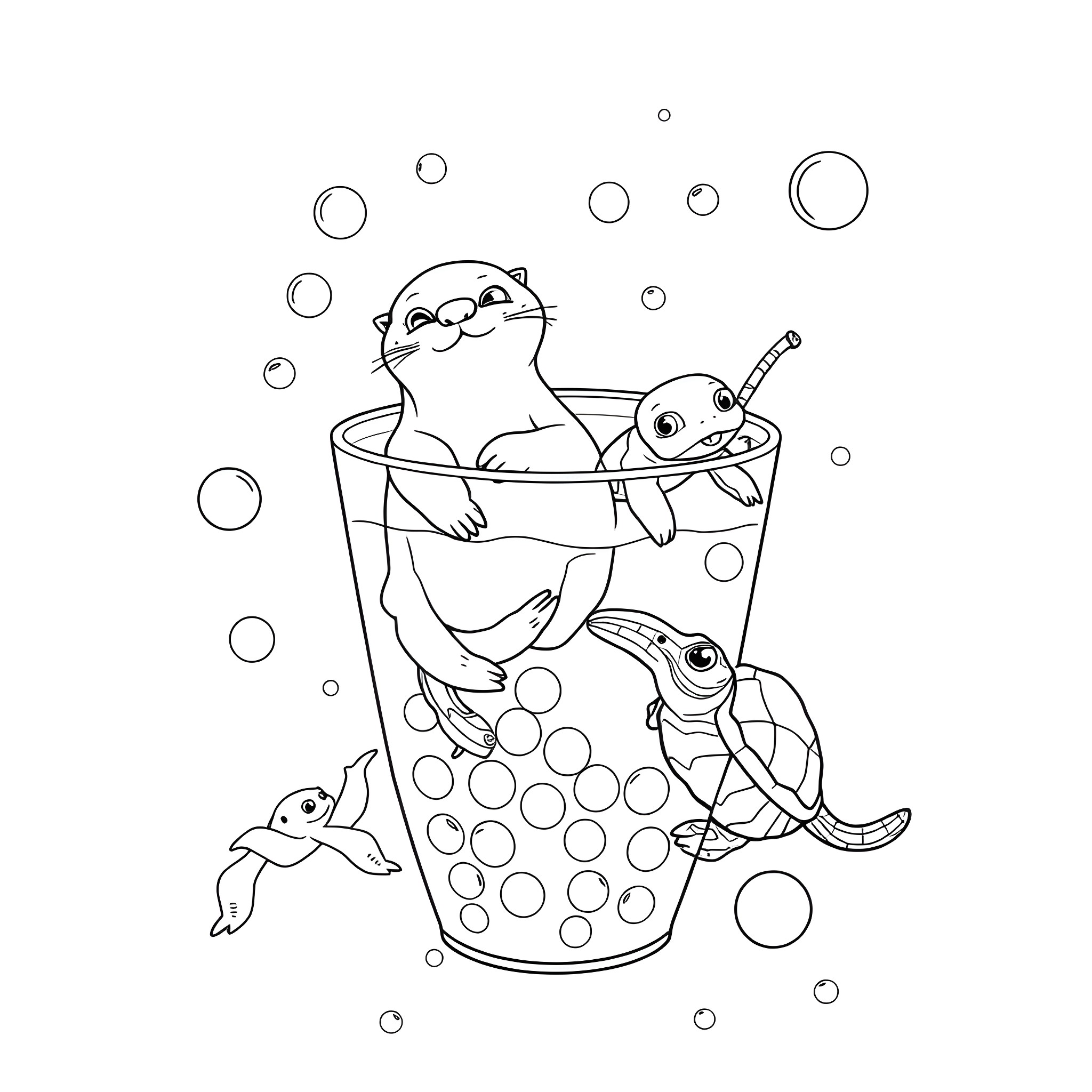 Otter playing with sea creatures in a glass Coloring Page (free black-and-white line drawing printable PDF for all, from beginners to advanced learners, including children, teens, adults, and seniors)