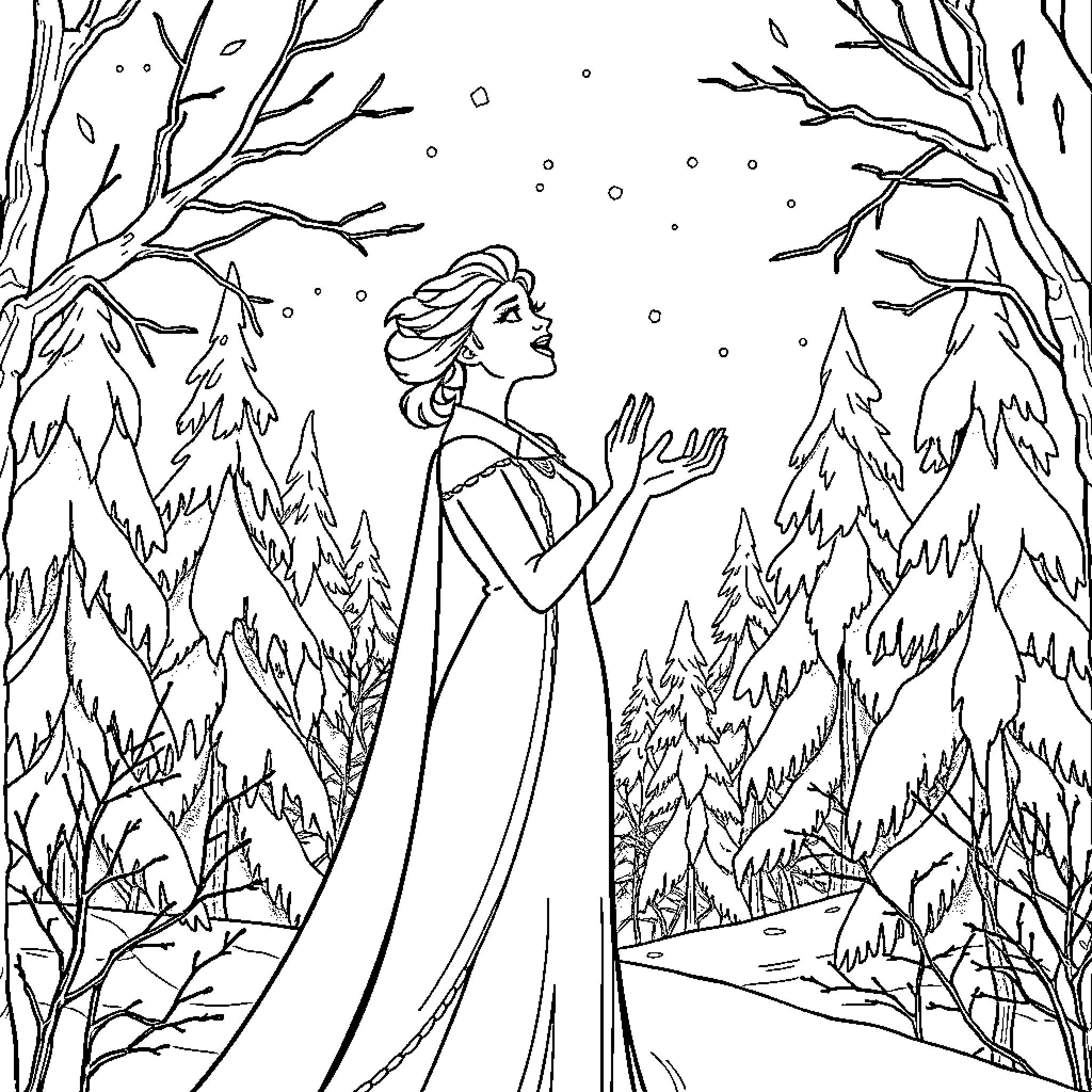 Elsa enjoying the winter wonderland Coloring Page (free black-and-white line drawing printable PDF for all, from beginners to advanced learners, including children, teens, adults, and seniors)