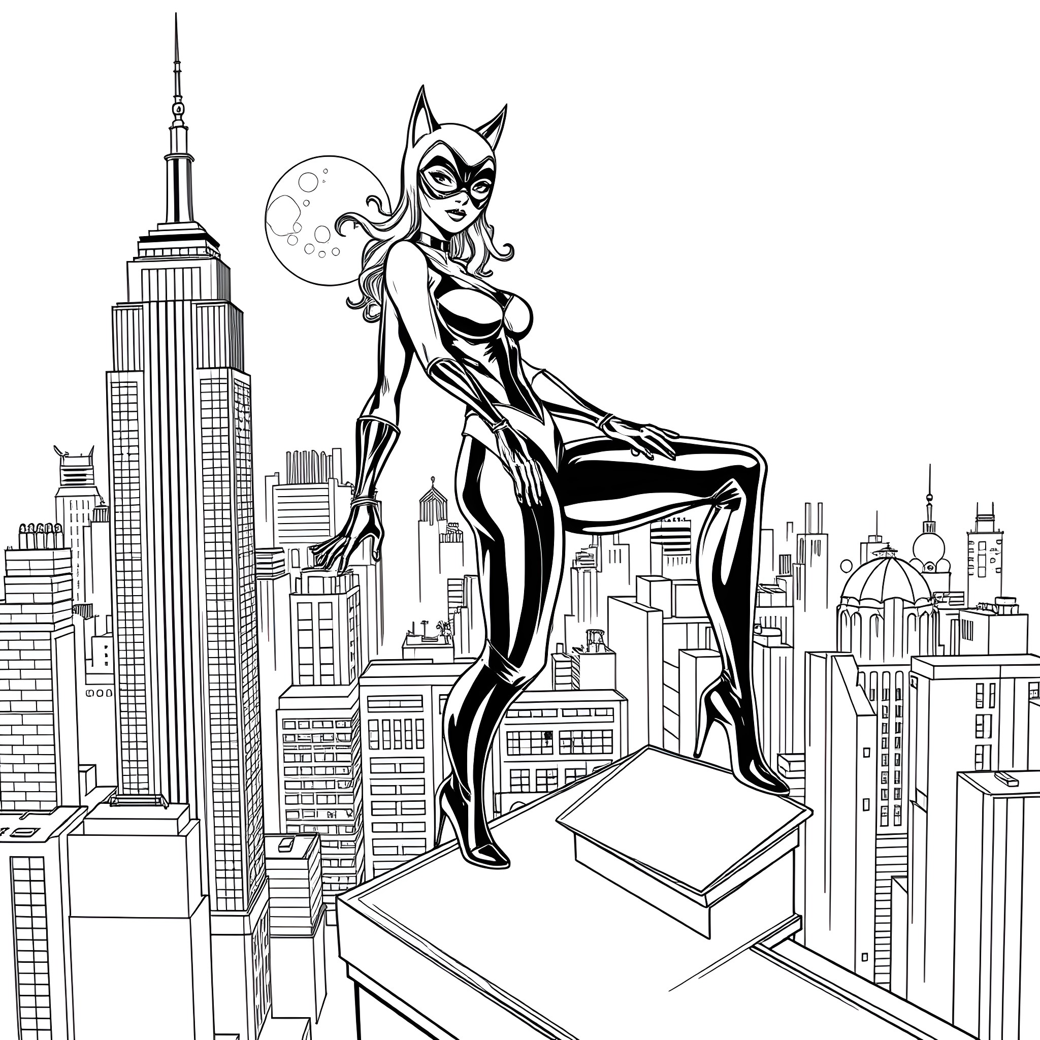 Catwoman prowling the city skyline Coloring Page (free black-and-white line drawing printable PDF for all, from beginners to advanced learners, including children, teens, adults, and seniors)