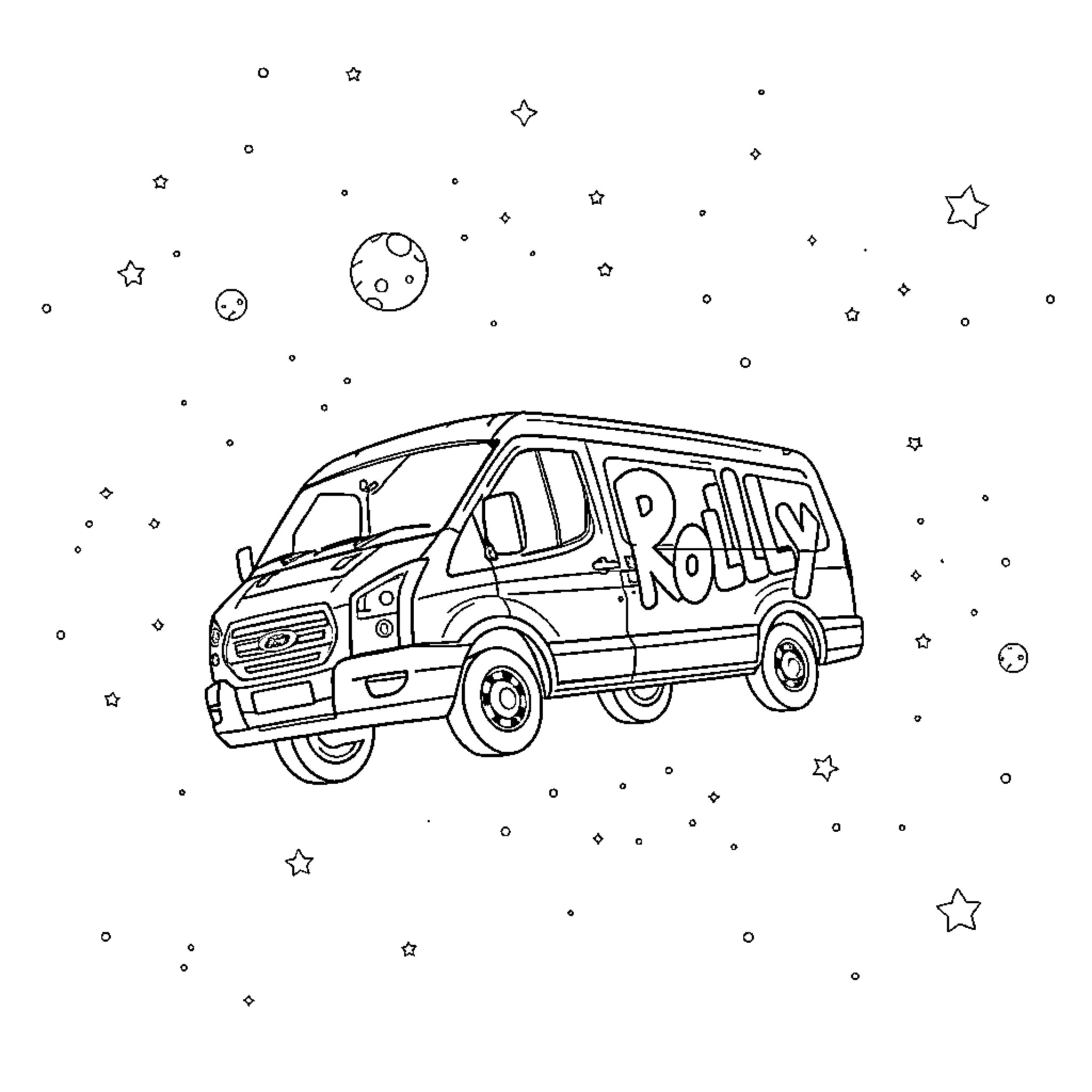 Bus Traveling Through Starry Night Sky Coloring Page (free black-and-white line drawing printable PDF for all, from beginners to advanced learners, including children, teens, adults, and seniors)