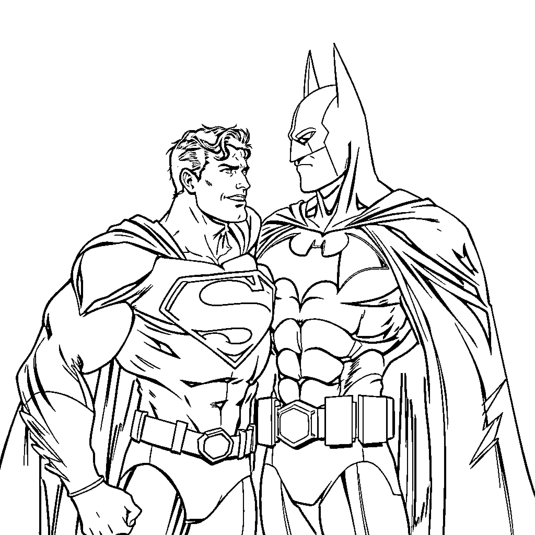 Superman and Batman in heroic stance Coloring Page (free black-and-white line drawing printable PDF for all, from beginners to advanced learners, including children, teens, adults, and seniors)