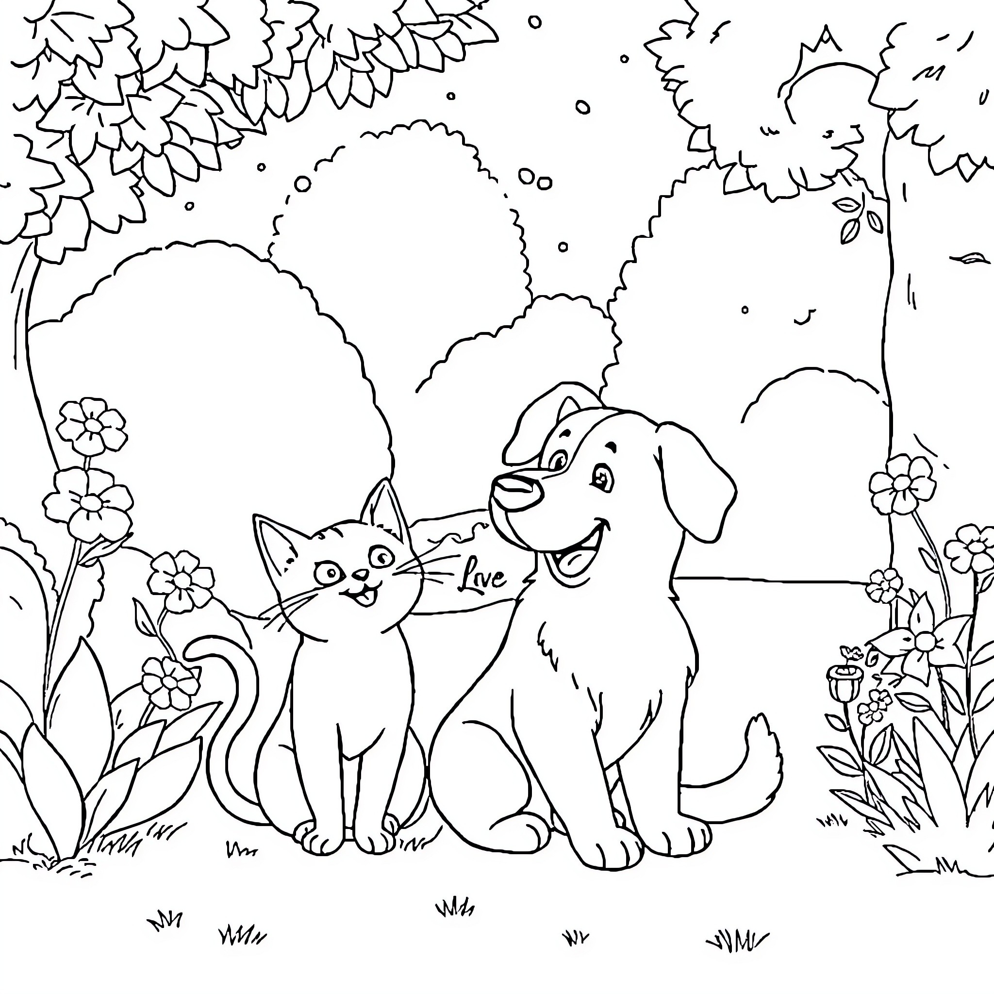 Chat with pets in a garden Coloring Page (free black-and-white line drawing printable PDF for all, from beginners to advanced learners, including children, teens, adults, and seniors)