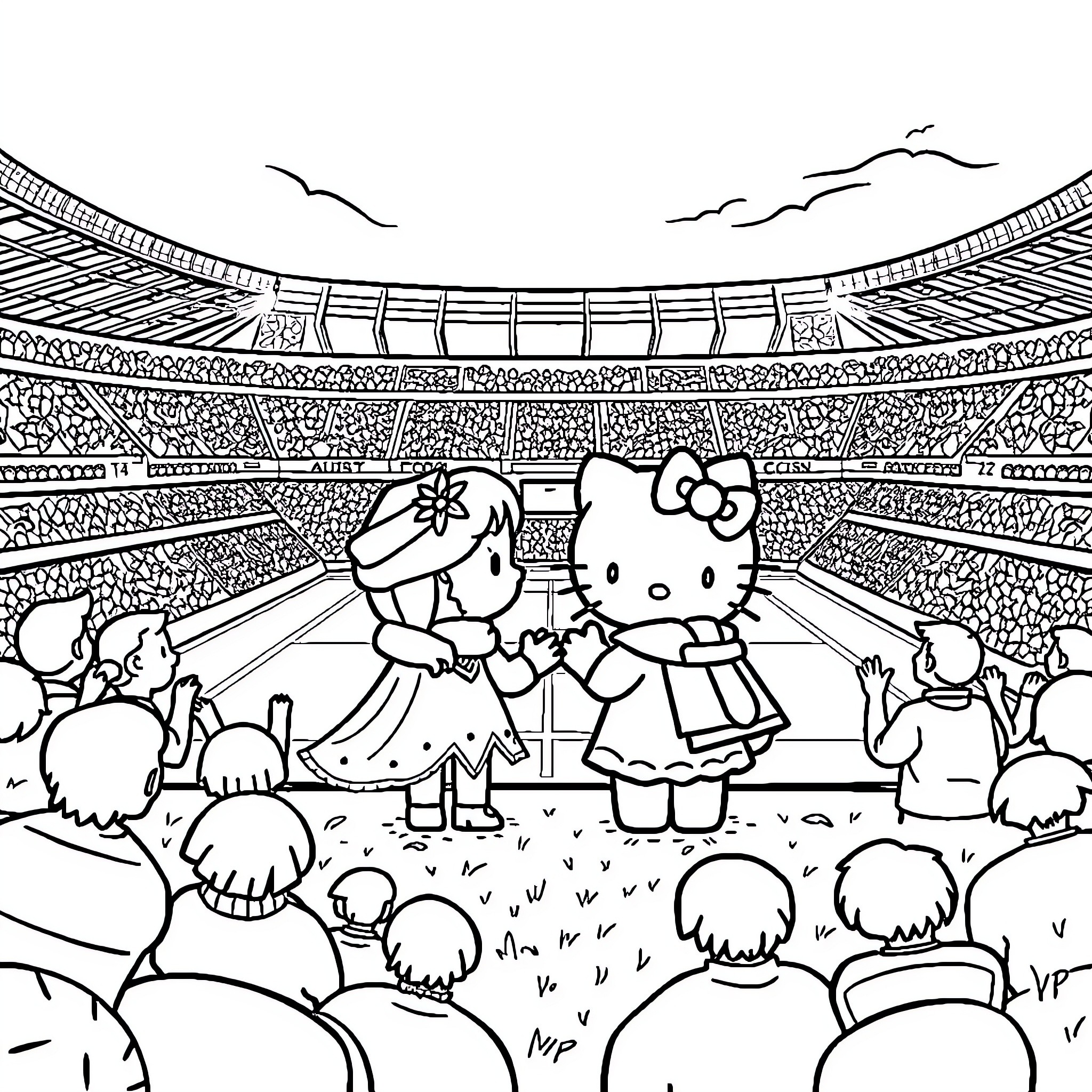 Queen Hello Kitty and Friends on Stage Coloring Page (free black-and-white line drawing printable PDF for all, from beginners to advanced learners, including children, teens, adults, and seniors)