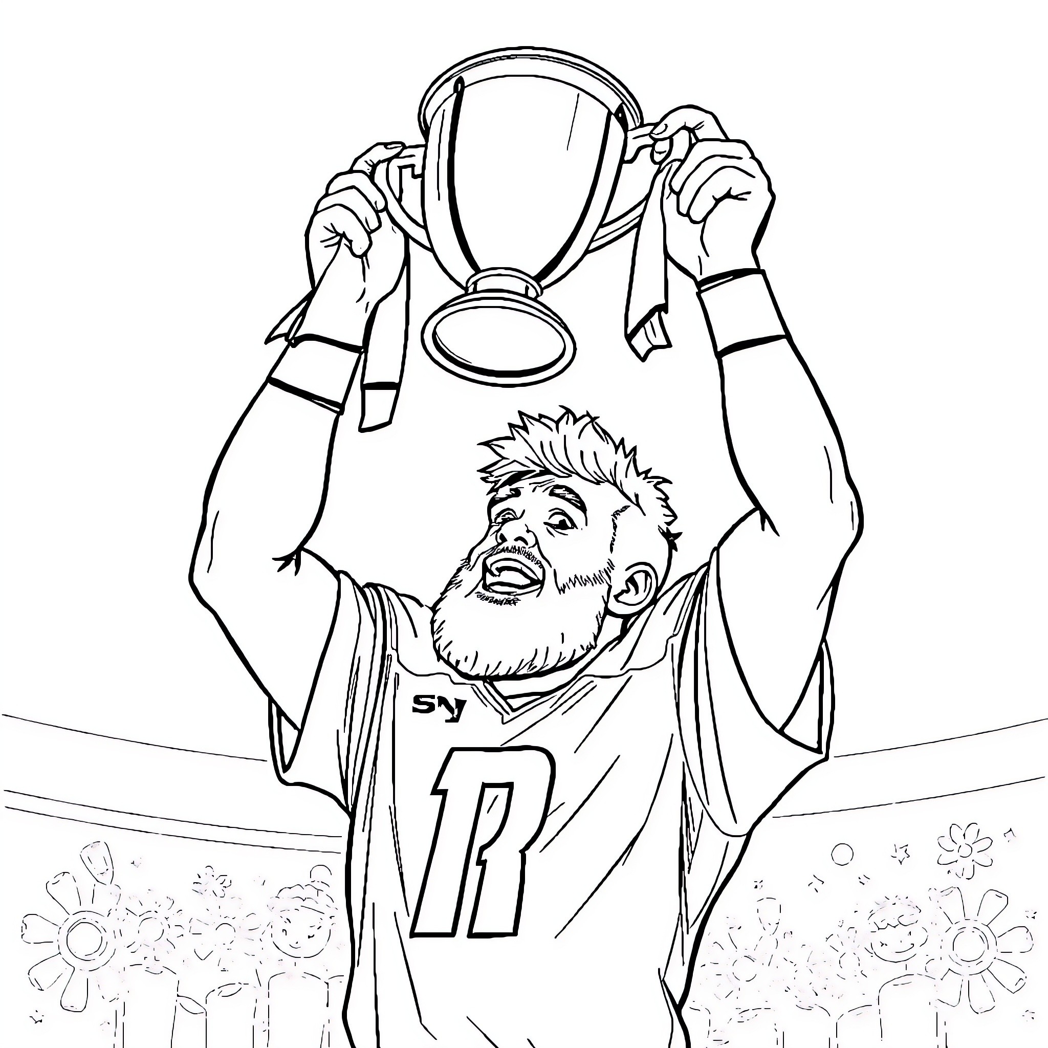 Keric Wheatfall Celebrating Victory with Trophy Coloring Page (free black-and-white line drawing printable PDF for all, from beginners to advanced learners, including children, teens, adults, and seniors)