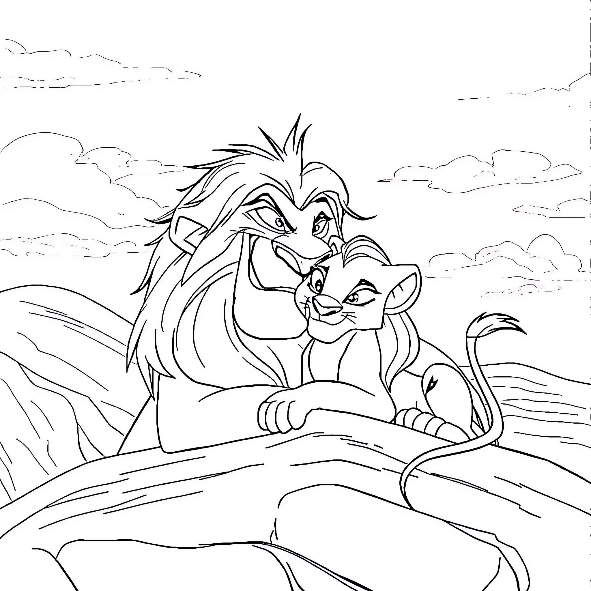 Scar and Simba in tense encounter Coloring Page (free black-and-white line drawing printable PDF for all, from beginners to advanced learners, including children, teens, adults, and seniors)