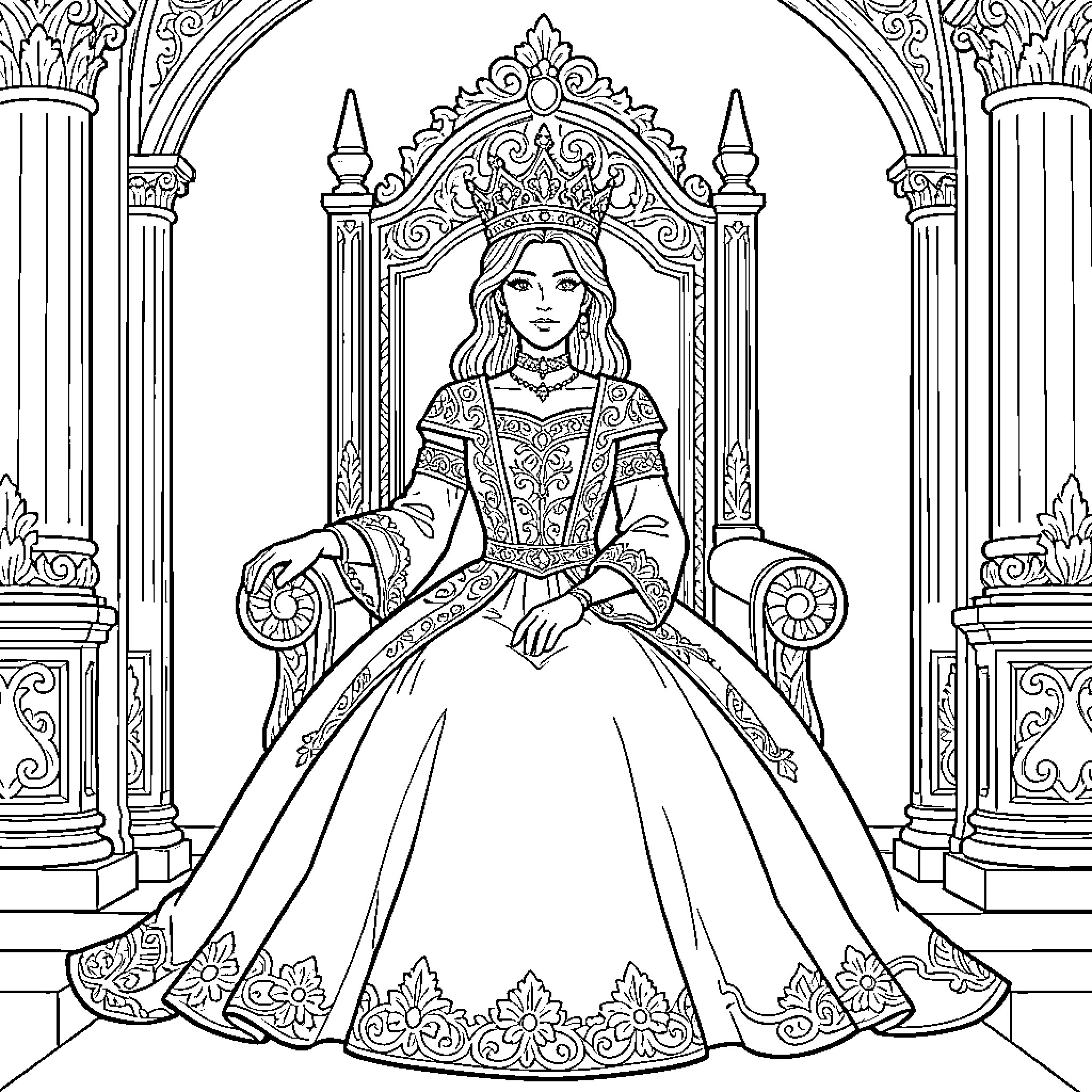 Queen Seated in Ornate Throne with Intricate Gown Coloring Page (free black-and-white line drawing printable PDF for all, from beginners to advanced learners, including children, teens, adults, and seniors)