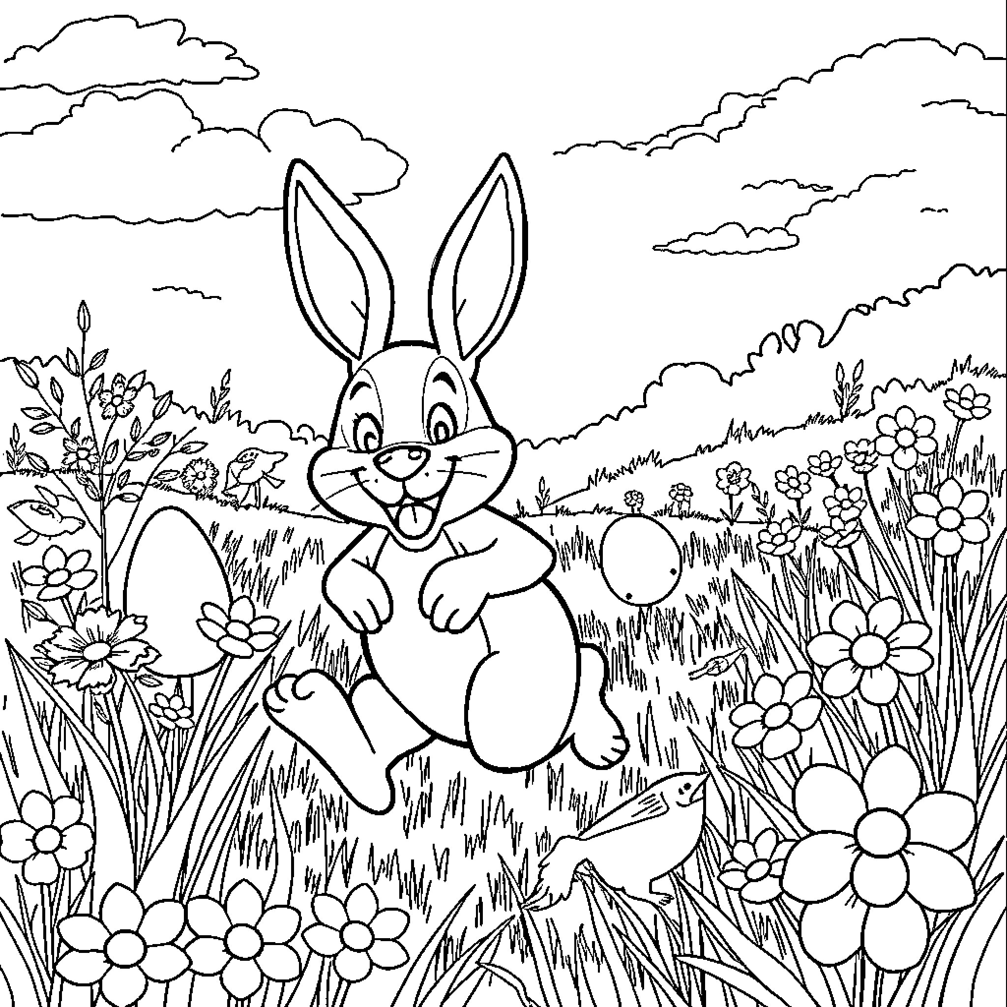Easter Bunny hopping through a flower-filled meadow Coloring Page (free black-and-white line drawing printable PDF for all, from beginners to advanced learners, including children, teens, adults, and seniors)