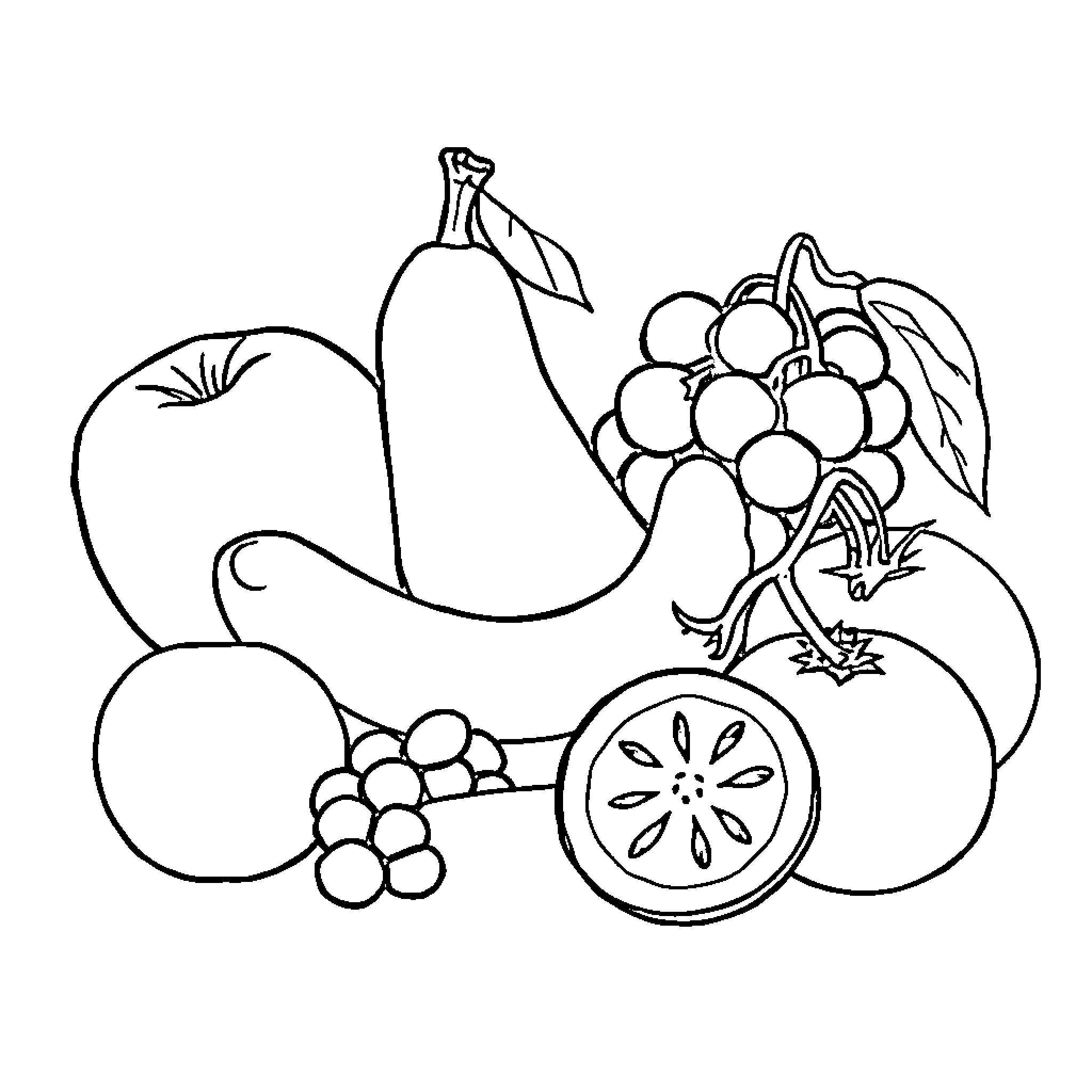 Fruit assortment in black and white Coloring Page (free black-and-white line drawing printable PDF for all, from beginners to advanced learners, including children, teens, adults, and seniors)