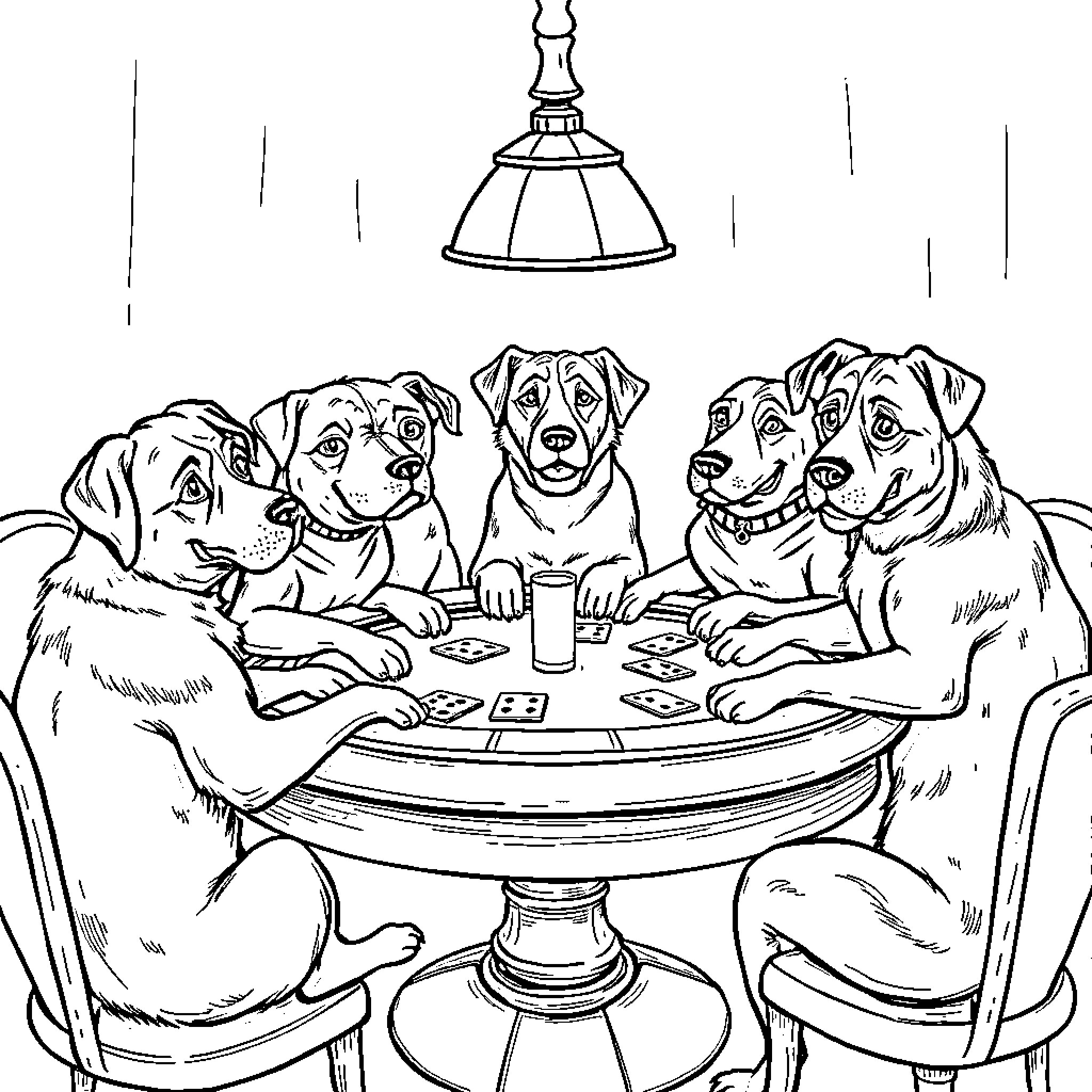 Dogs Playing Cards Together at the Table Coloring Page (free black-and-white line drawing printable PDF for all, from beginners to advanced learners, including children, teens, adults, and seniors)