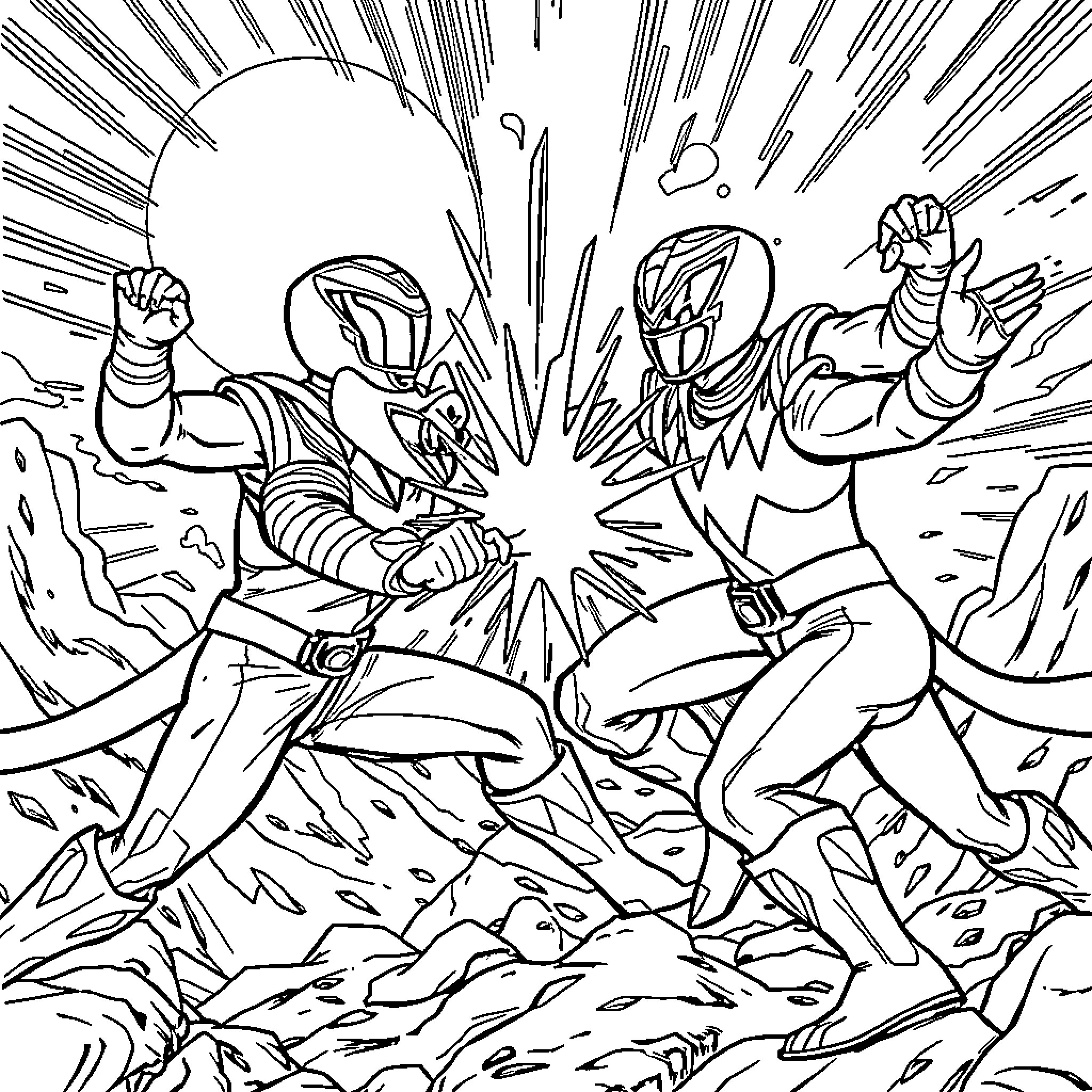 Ranger Superheroes in Fierce Battle Coloring Page (free black-and-white line drawing printable PDF for all, from beginners to advanced learners, including children, teens, adults, and seniors)